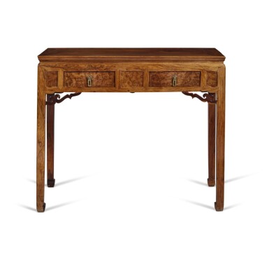 View full screen - View 1 of Lot 569. A 'huanghuali', 'huali' and 'huamu' two-drawer desk, 19th / 20th century | 十九 / 二十世紀 黃花梨拼花梨木嵌癭木書桌.
