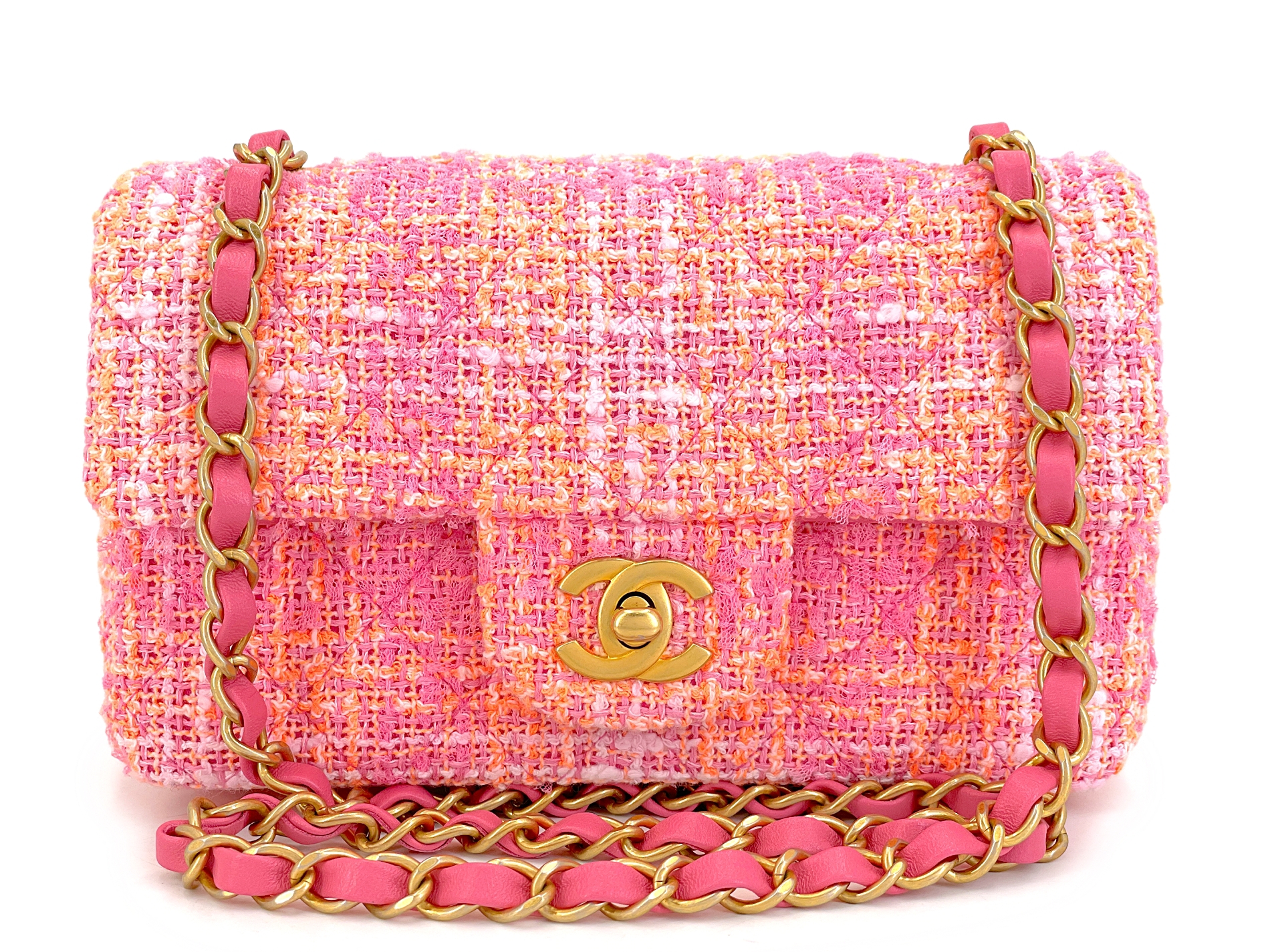 CHANEL ピンク タンクトップ S Chanel Sherbert Pink And Orange Tweed Mini Flap Bag Aged Gold