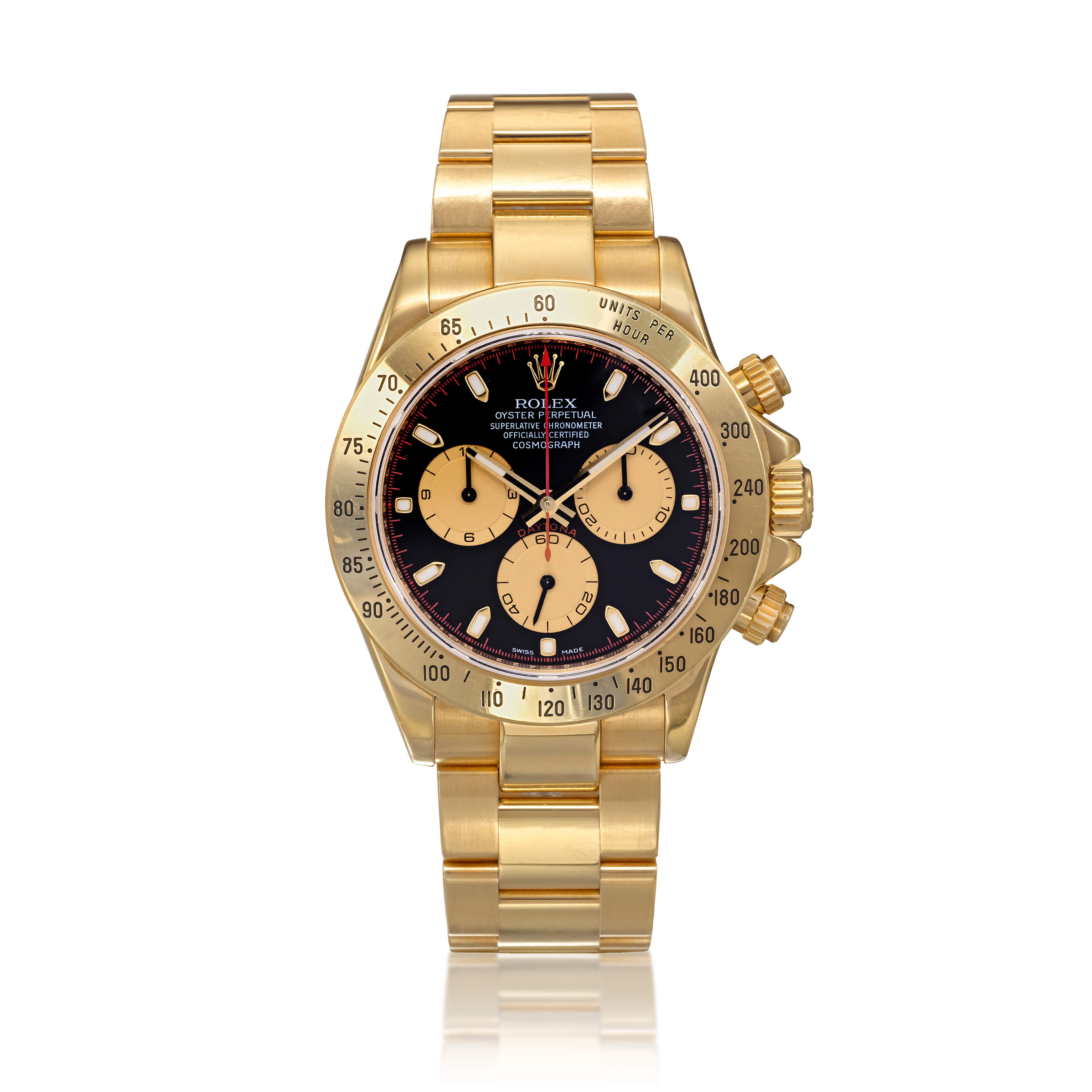 Reference 116528 Daytona, A yellow gold automatic chronograph wristwatch  with bracelet, Circa 2007 勞力士116528 型號Daytona 黃金自動上鏈計時鍊帶腕錶，約2007年製|  Important Watches | | Sotheby's