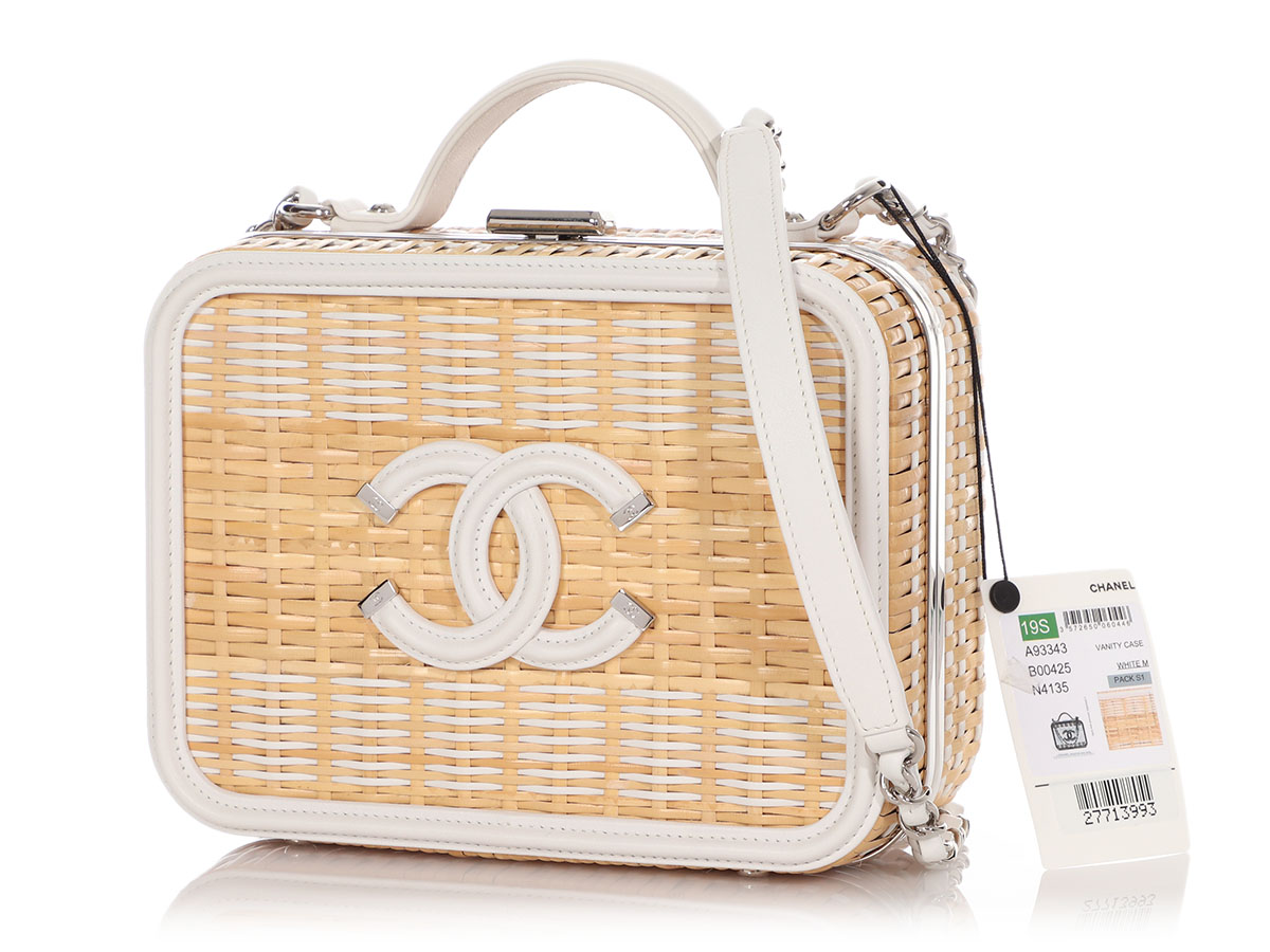 Natural Rattan and White Leather Medium Vanity Case Silver Hardware, 2019