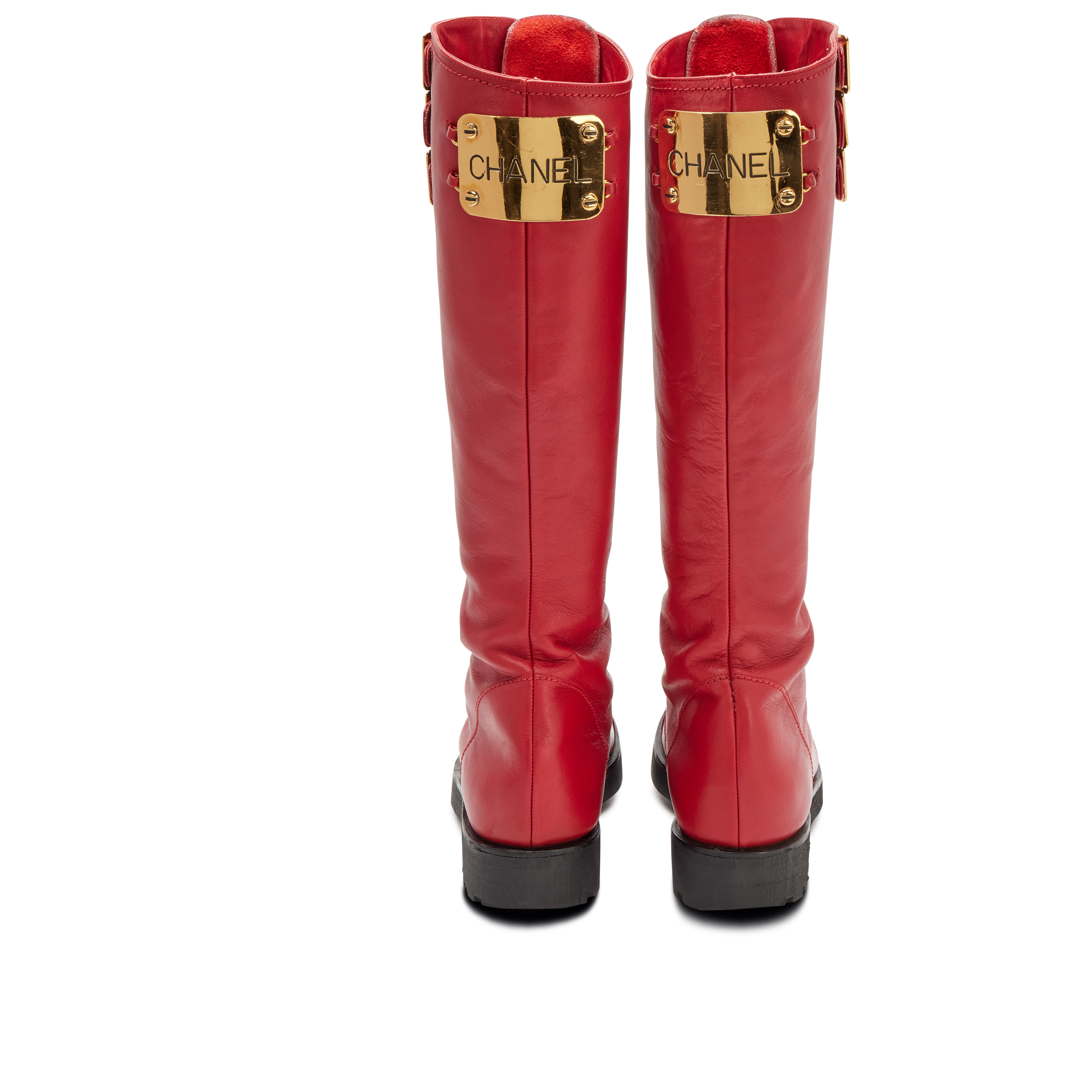 Chanel Vintage Vintage Red Leather Moto Lace-Up Tall Combat Boots