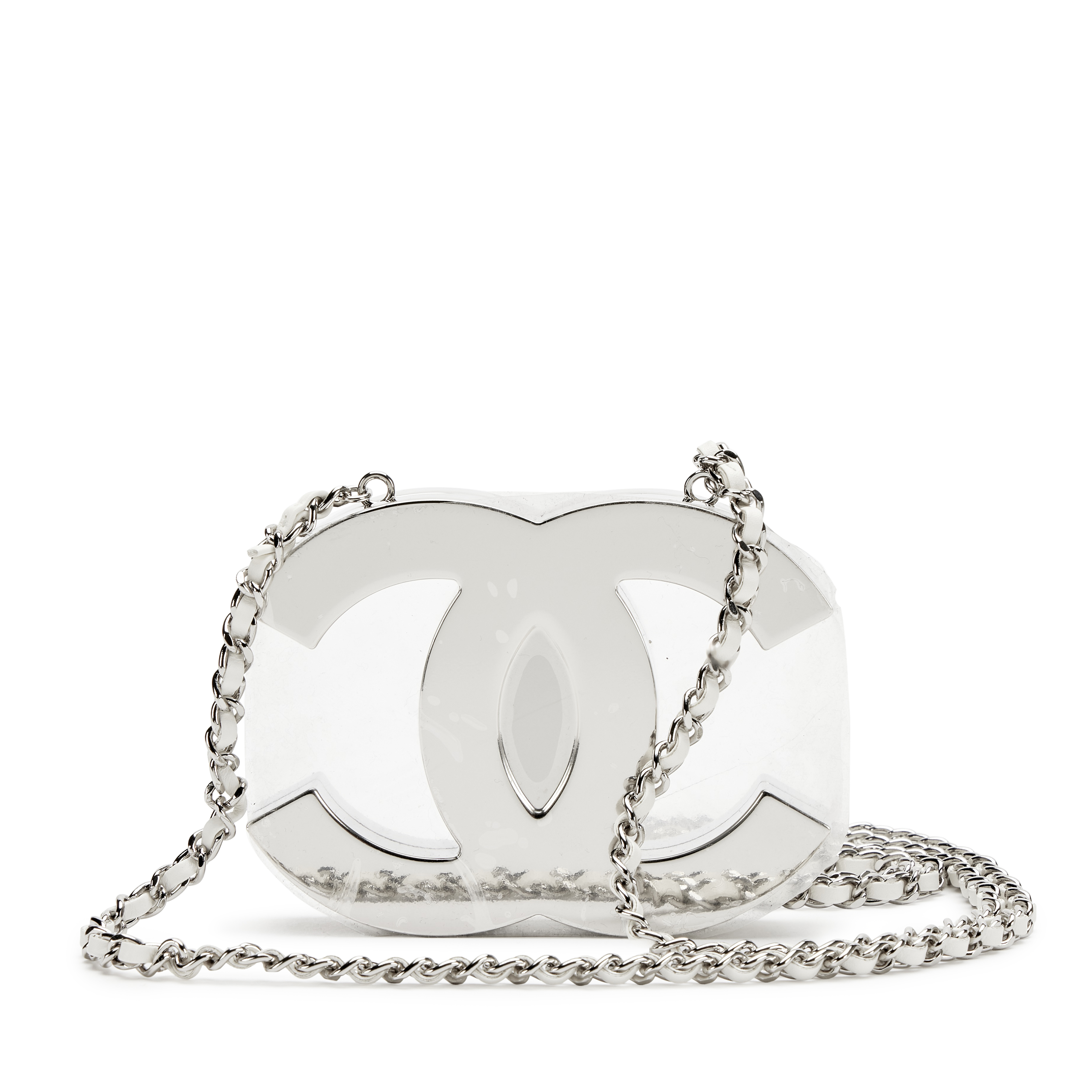 Chanel Silver Metal White Lambskin CC Mirror Mini Minaudière