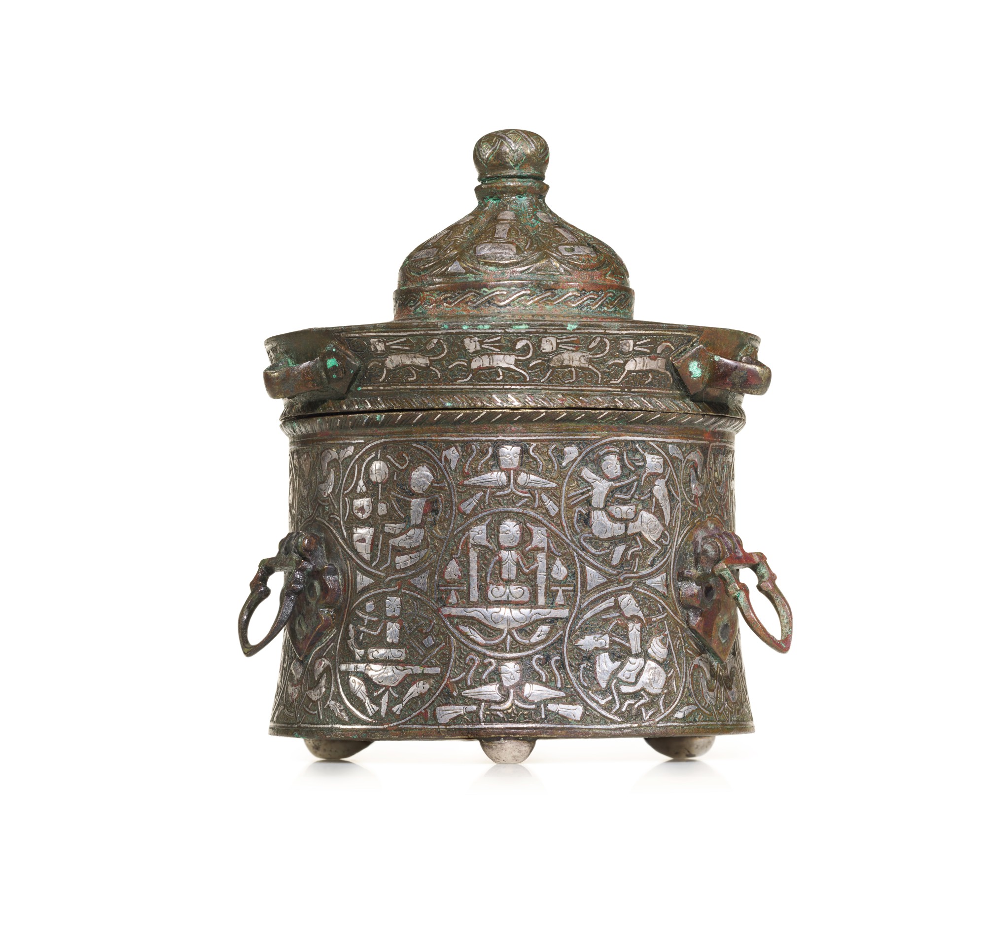 An exceptional Khurasan silverinlaid bronze inkwell, probably Herat