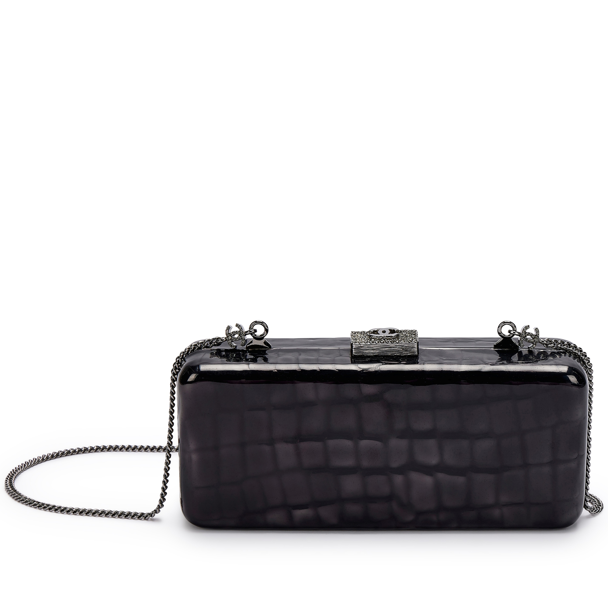 Chanel Black Embossed Patent Leather Minaudière Runway Clutch On