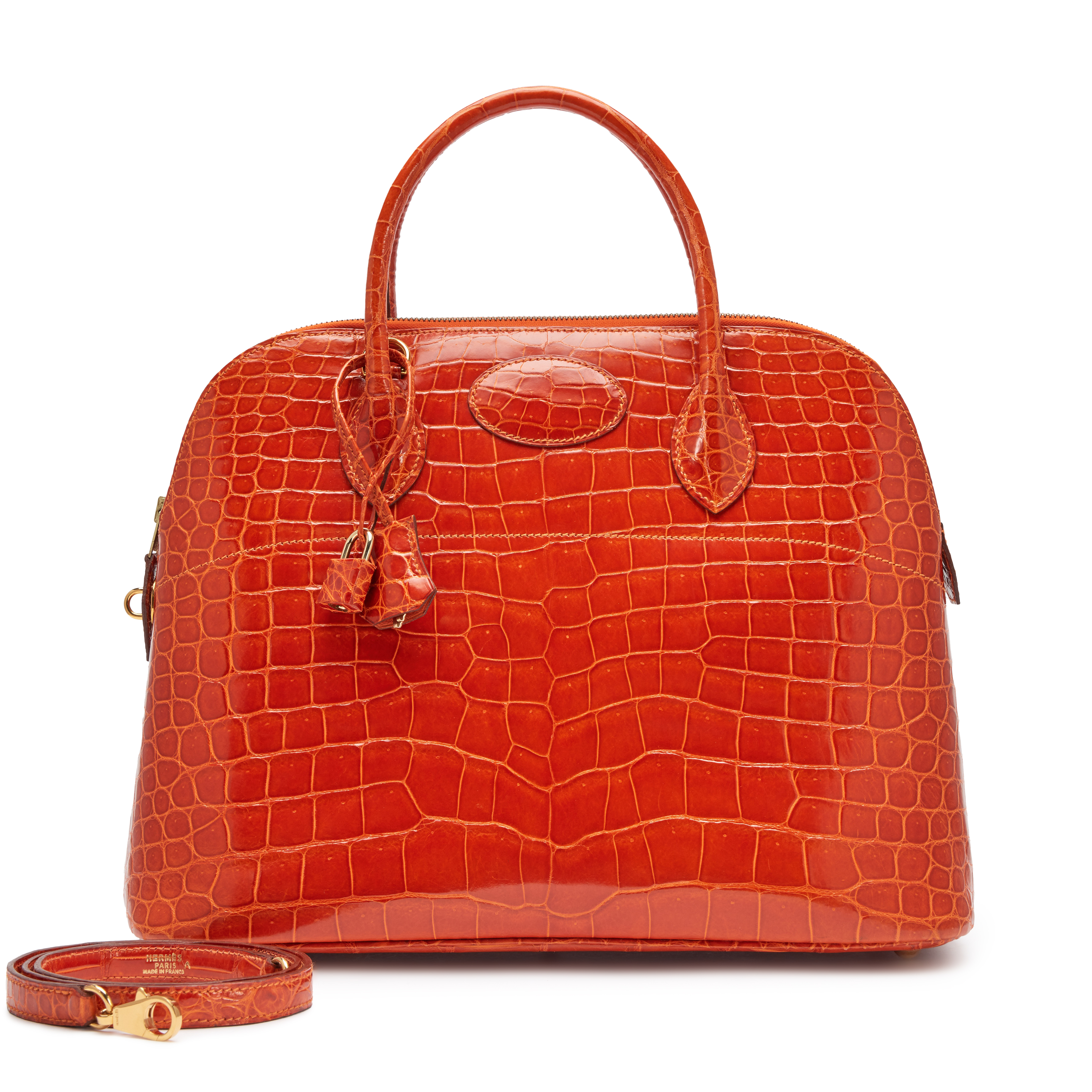 Hermès Vintage Orange Shiny Porosus Crocodile Bolide 35 Gold