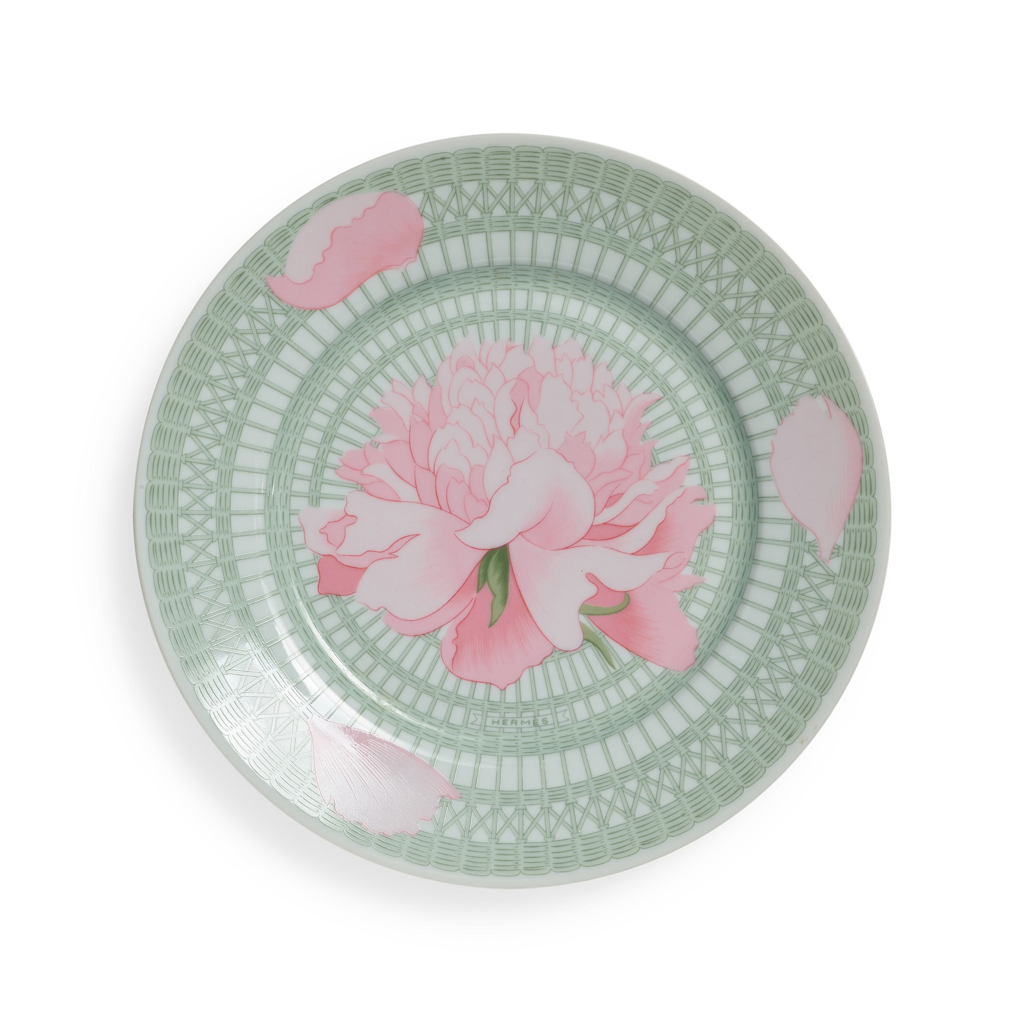 Hermès Pink, Green And White Porcelain Les Pivoines Dessert Plate