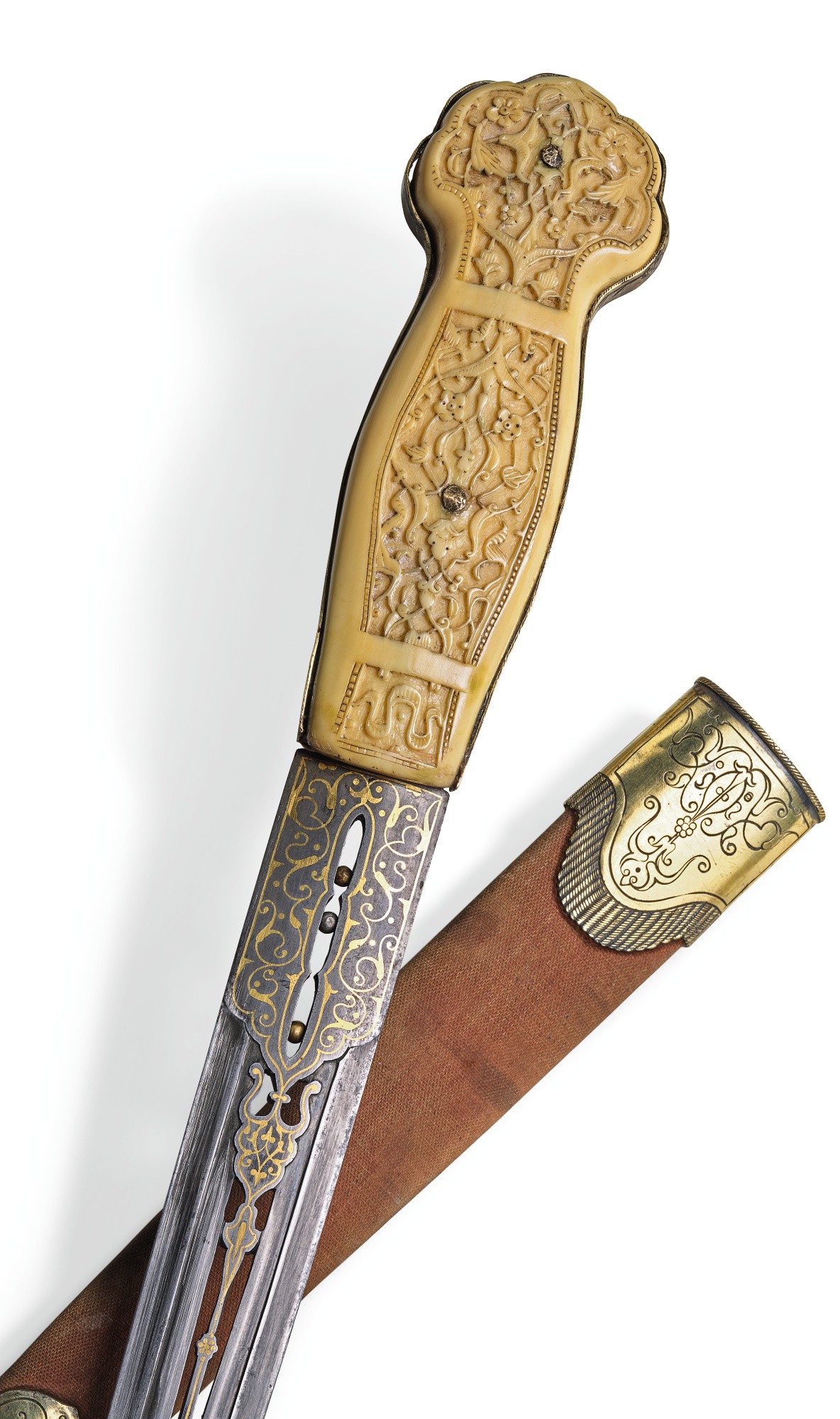 A FINE OTTOMAN DAGGER WITH GOLD-INLAID OPENWORK STEEL BLADE AND CARVED ...