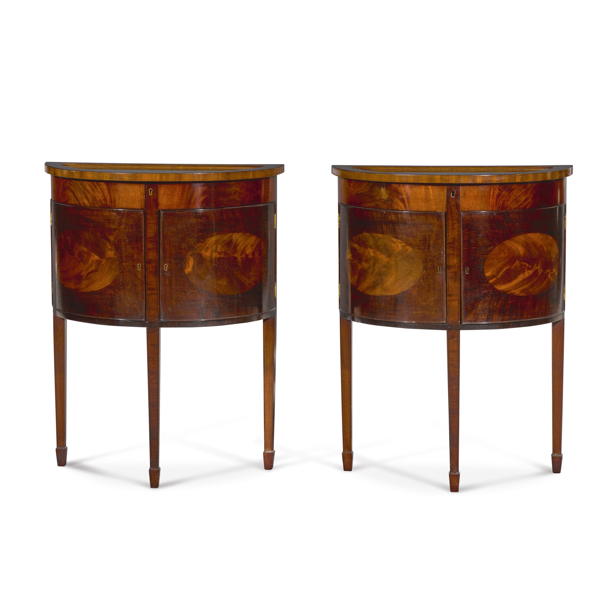 A pair of III style ebony strung and mahogany demilune vitrine