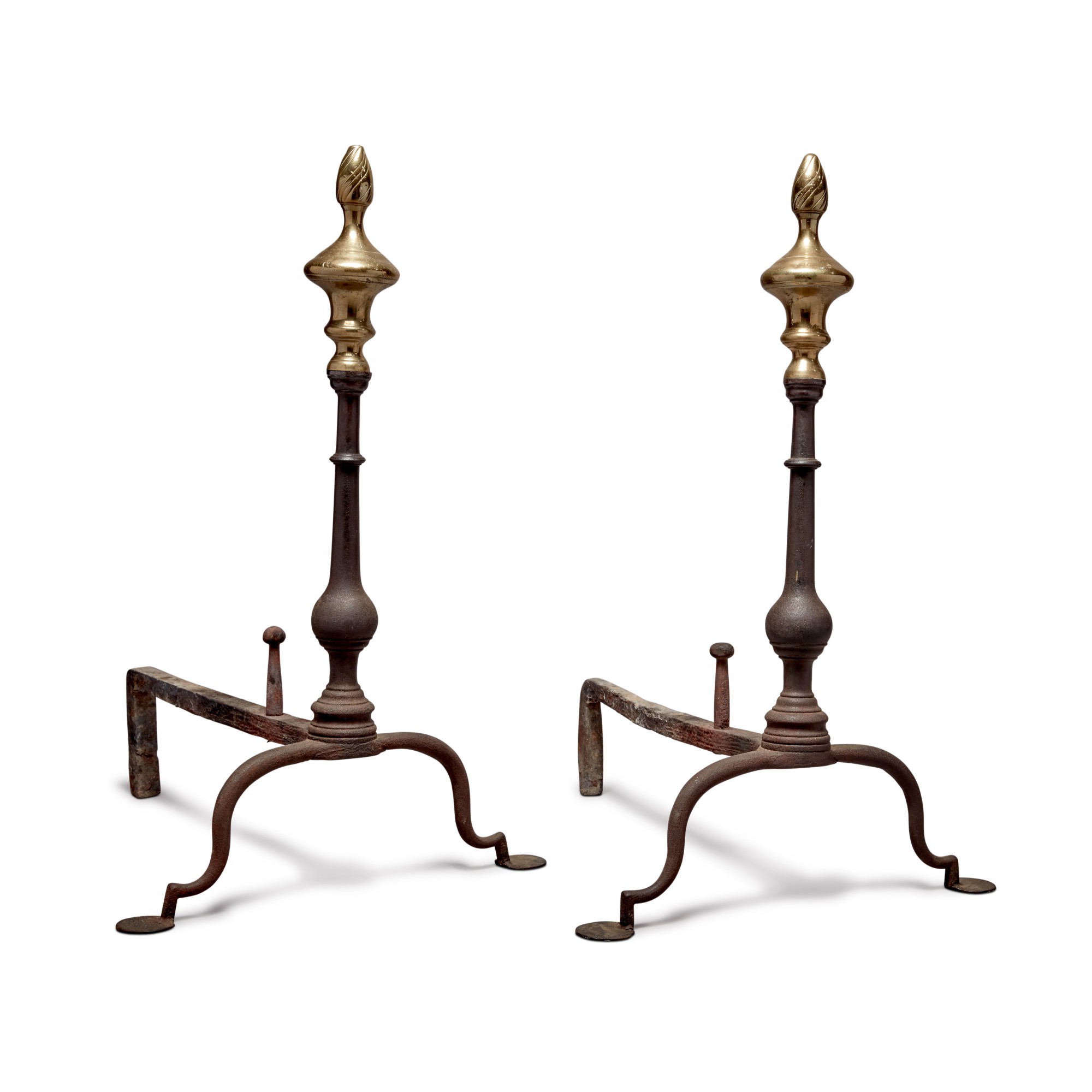 Very Fine and Rare Pair of Wrought Iron and Cast Brass Andirons