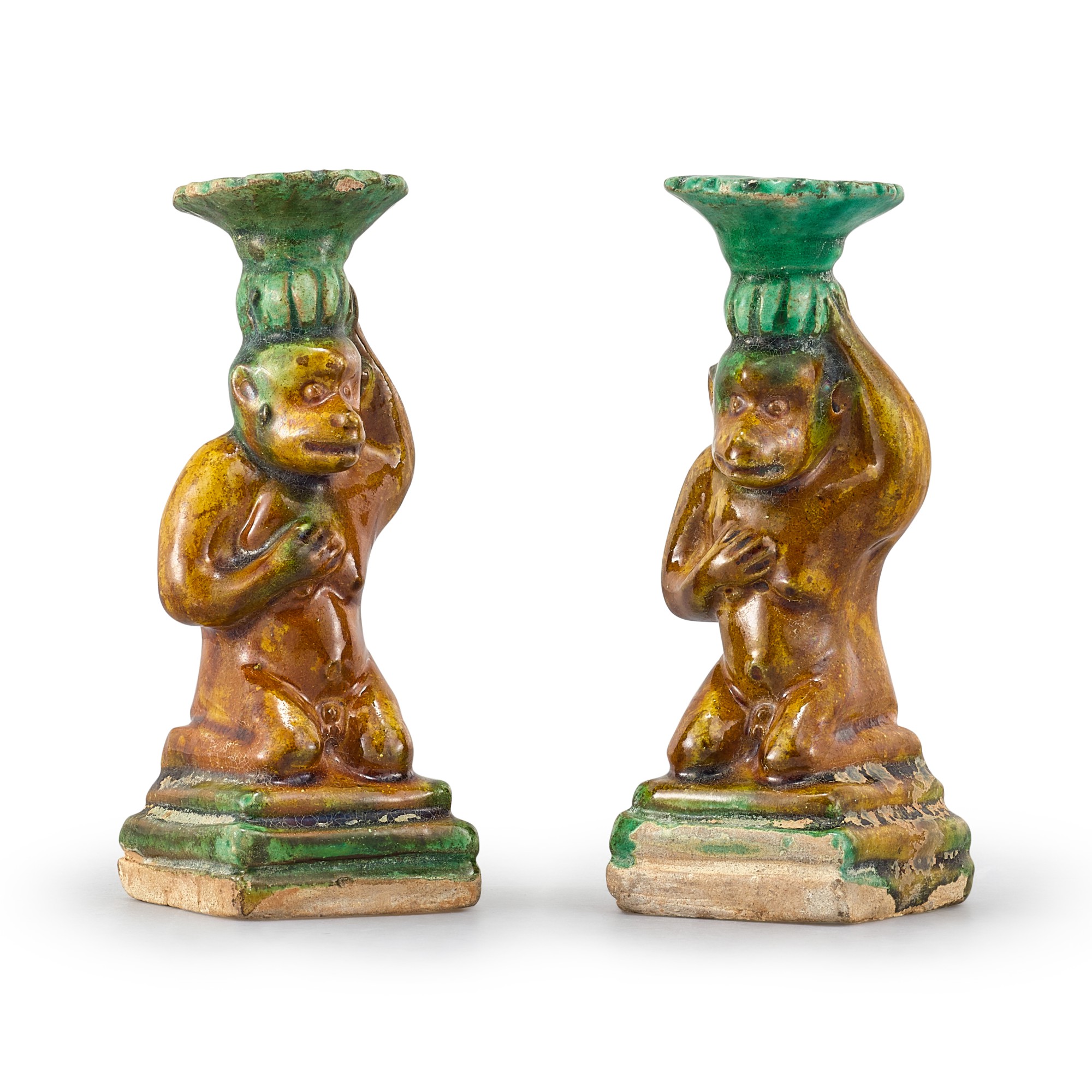 A PAIR OF SANCAIGLAZED 'MONKEY' CANDLESTICKS SONG JIN DYNASTY 宋至金