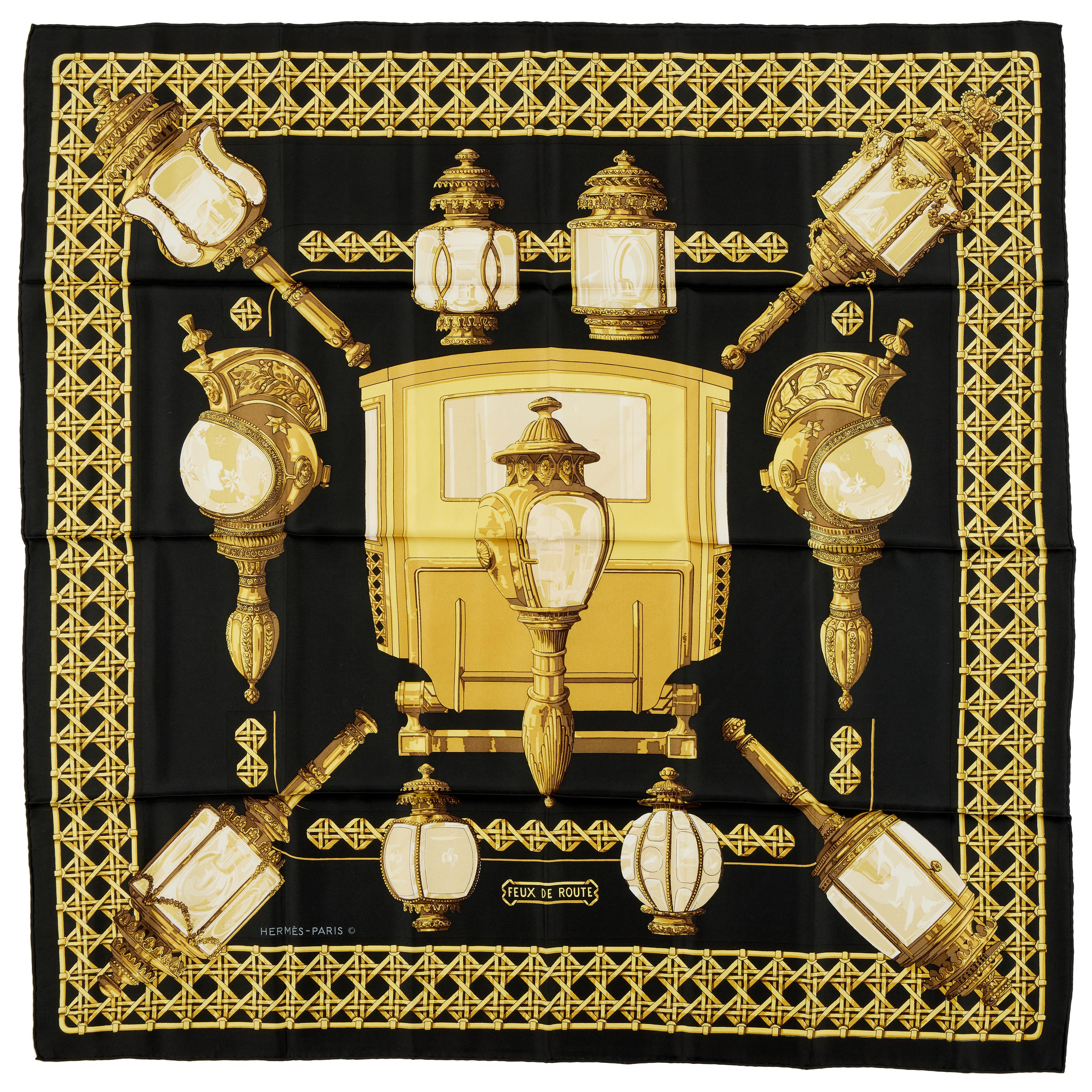 Hermès Vintage Black And Gold Feux De Route Silk Scarf Available