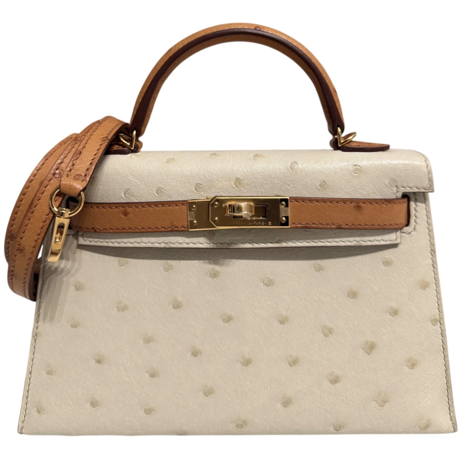 HERMES エルメス　半袖　リボン ホワイト×ベージュ(ブラウン) Hermès Parchemin And Sesame Ostrich HSS Mini Kelly 20 II Gold