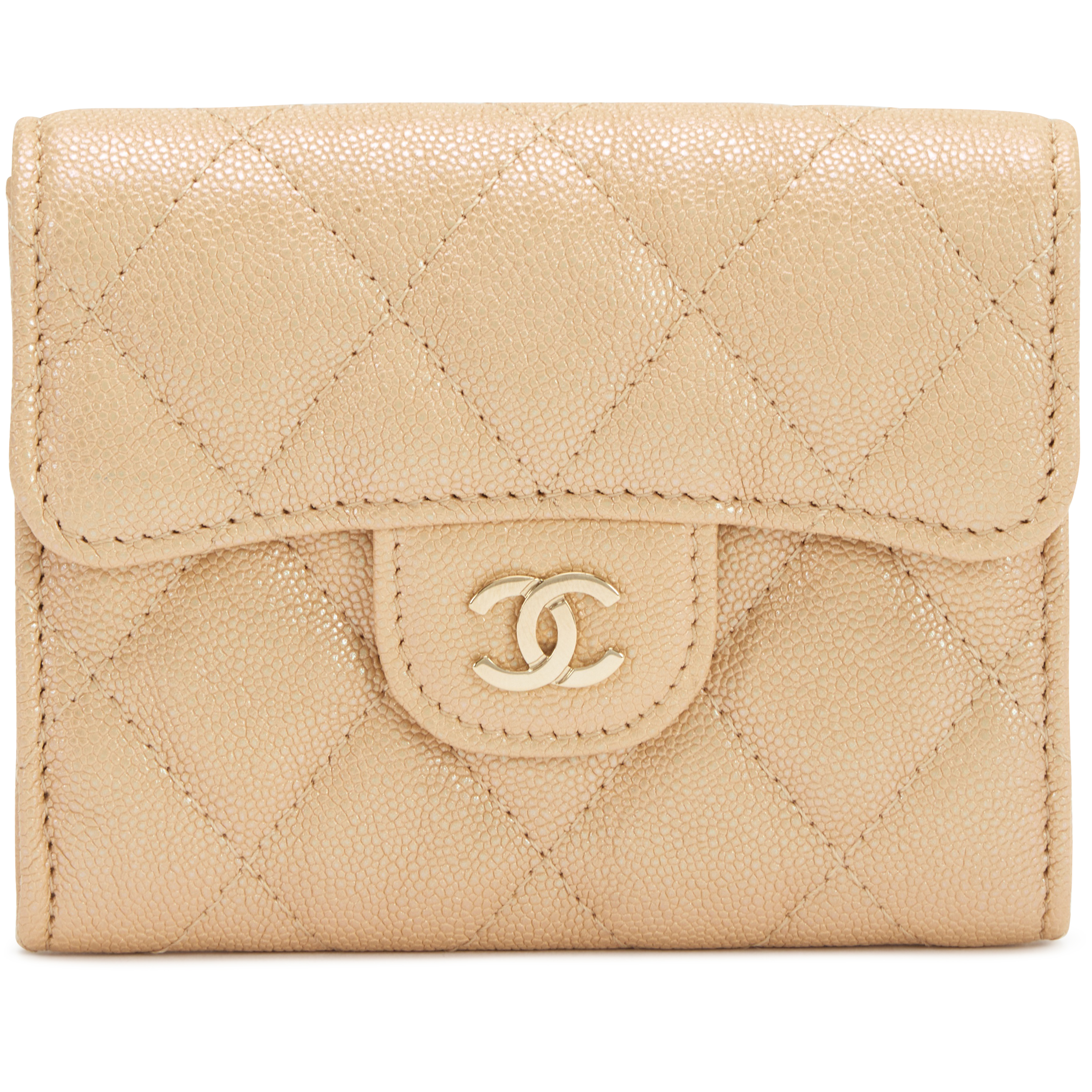 Chanel Iridescent Beige Quilted Caviar Classic Flap Card Holder O