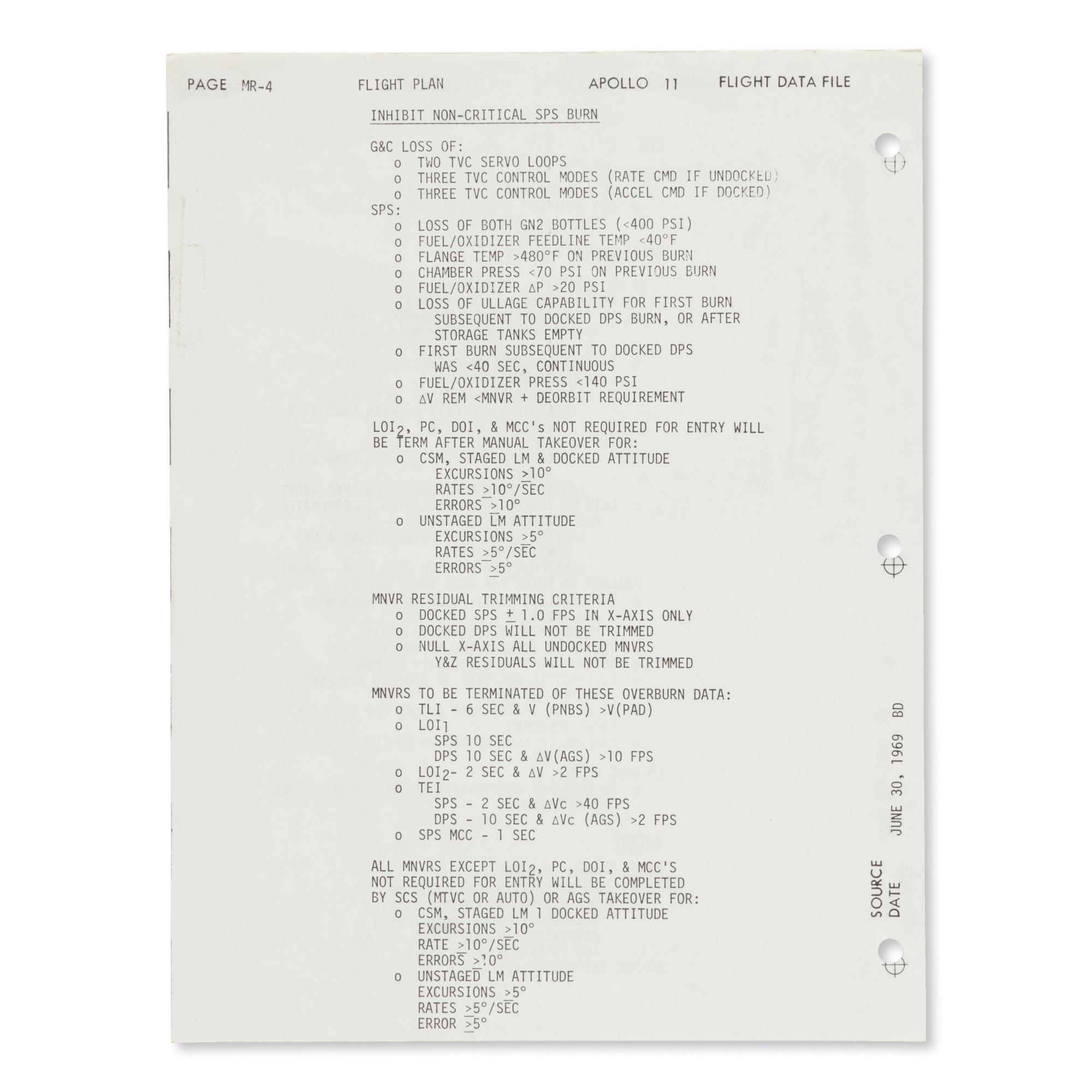 [APOLLO 11]. "MISSION RULES SUMMARY"—2 FLOWN PAGES FROM THE APOLLO 11