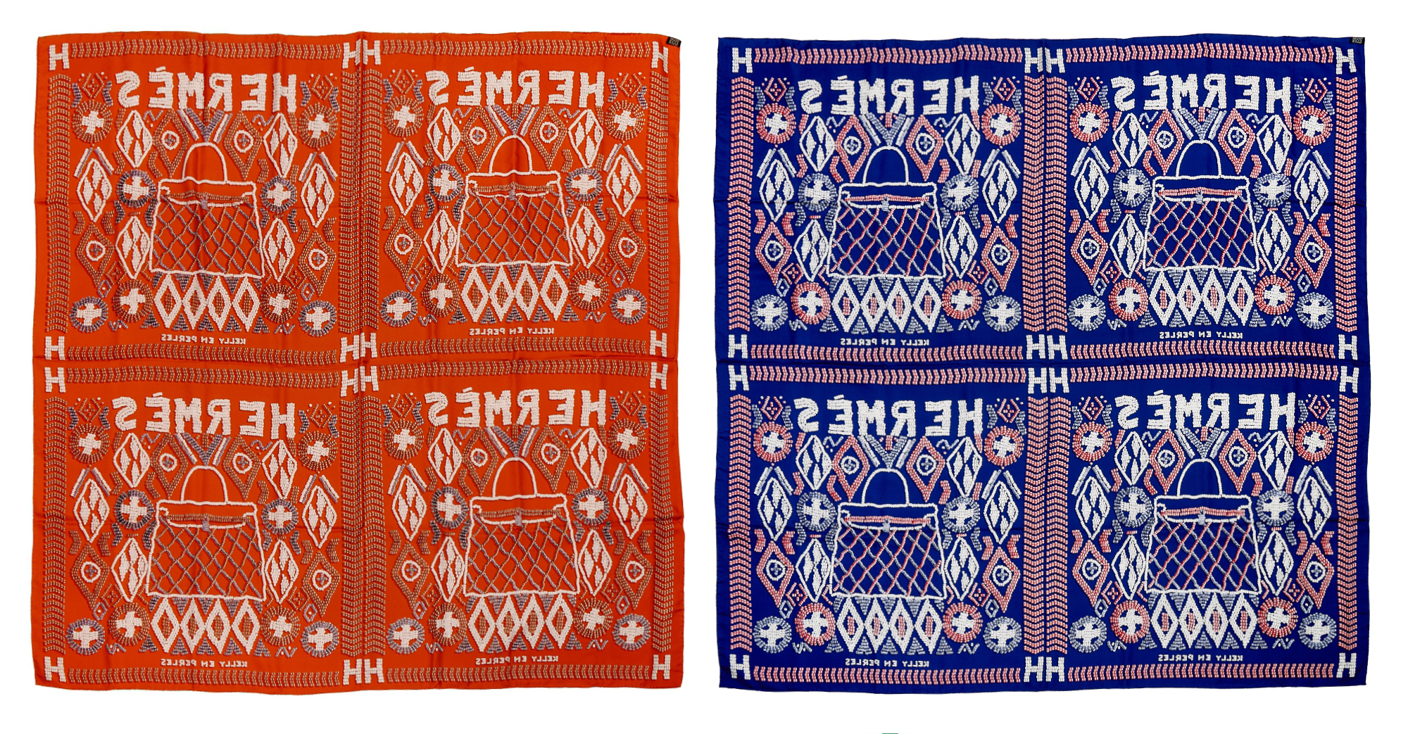 Orange and Multicolor Silk Kelly En Perles Scarf 140 and Bleu, Pink and  Blanc Silk Kelly En Perles Scarf 140