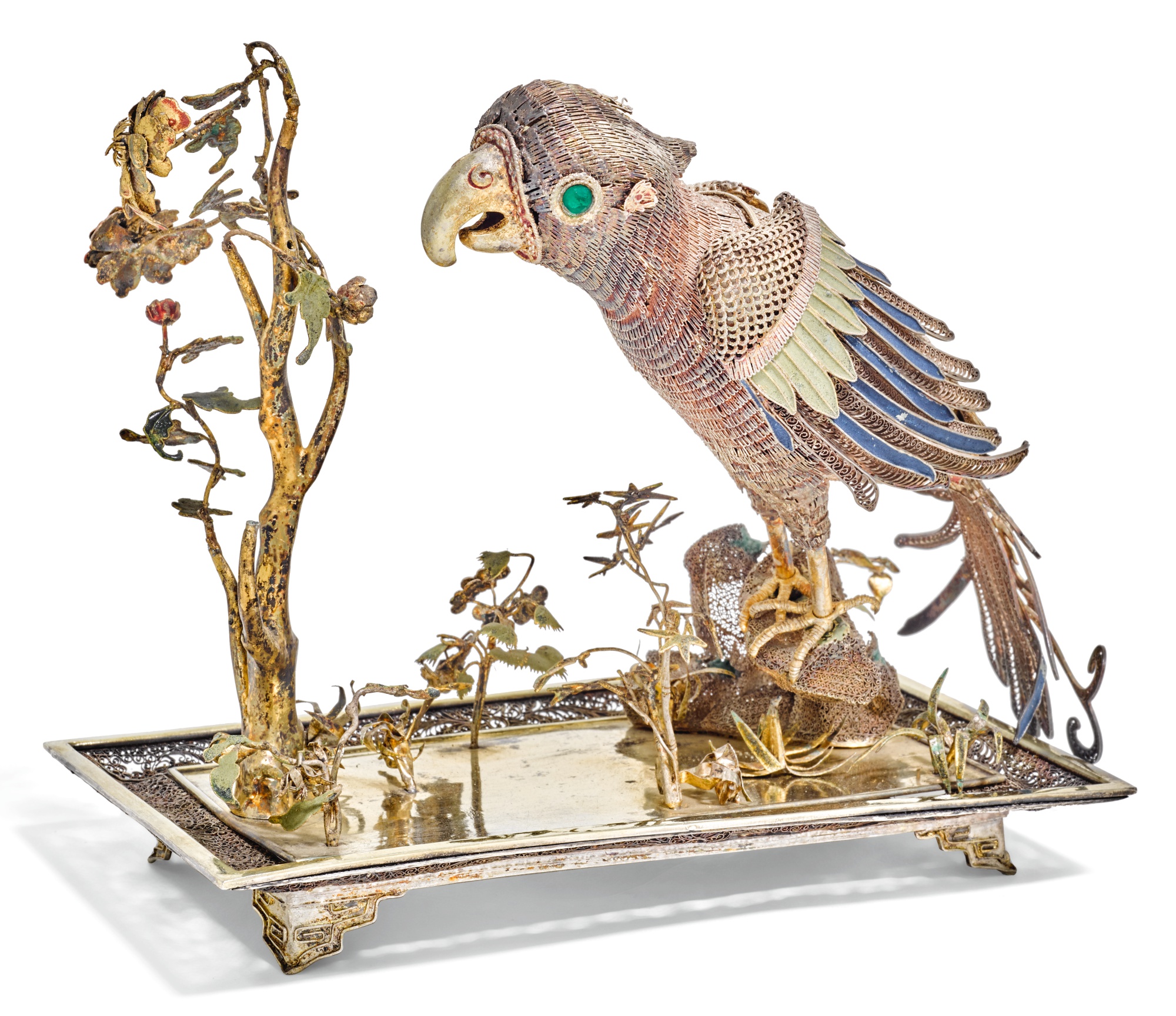 A CHINESE PARCEL-GILT SILVER AND POLYCHROME ENAMEL FILIGREE MODEL OF A ...