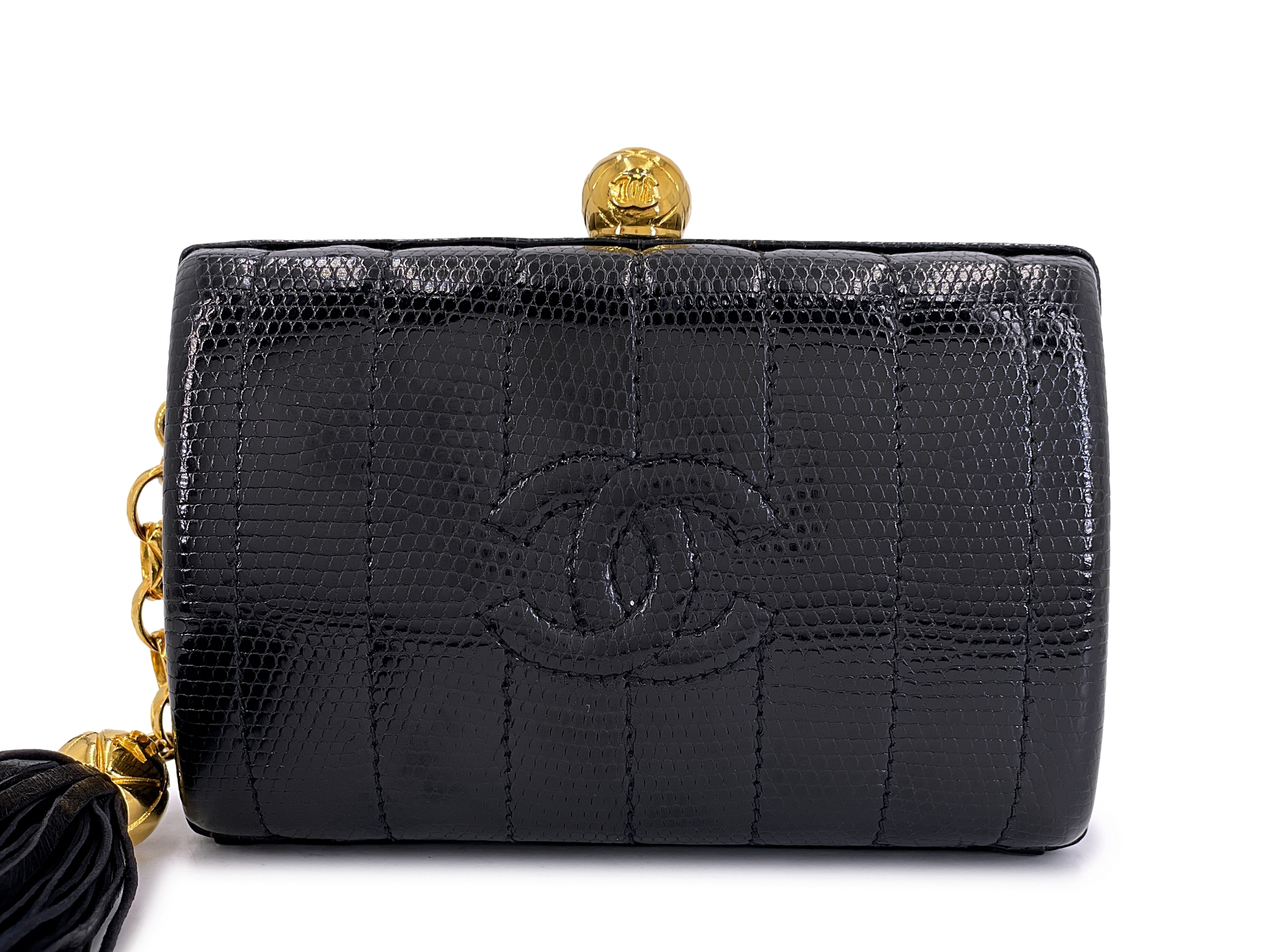 Chanel Vintage Vintage Black Lizard Rolo Chain Evening Clutch Gold