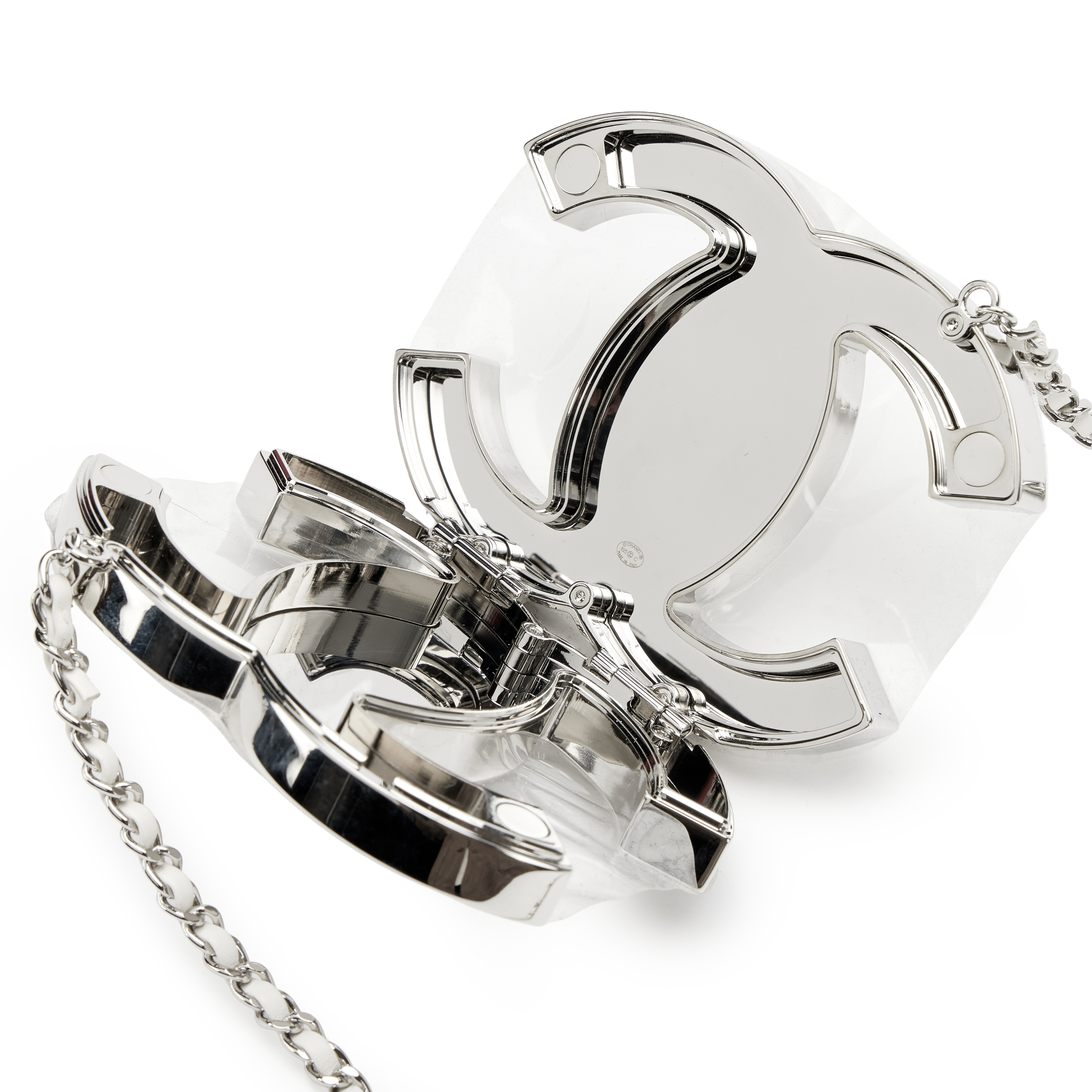 Chanel Silver Metal White Lambskin CC Mirror Mini Minaudière