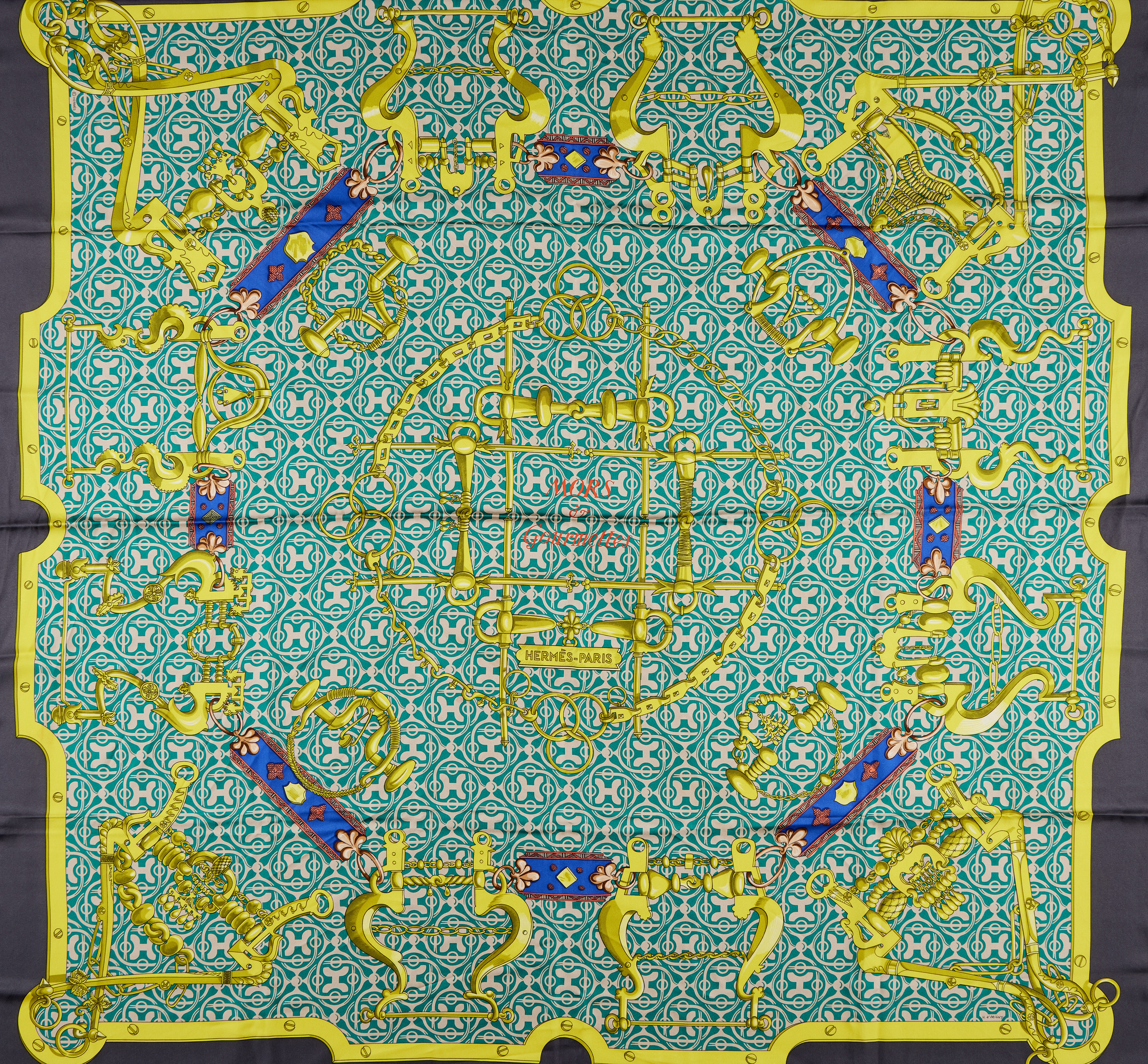 M*s様 HERMÈS スカーフ 青緑・白・金 hermes-yellow-and-teal-mors-et