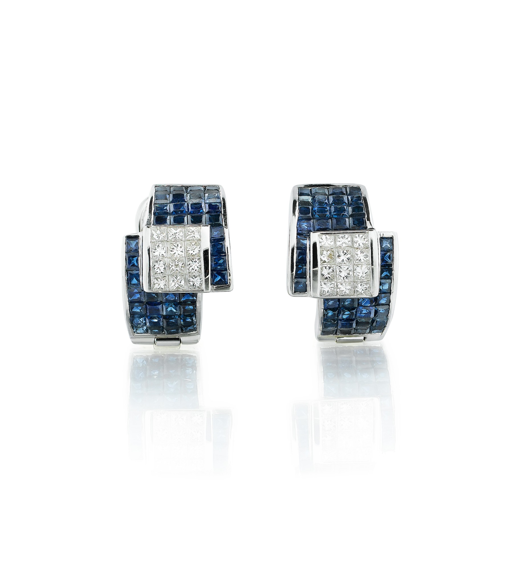 Boucles D'oreilles Pendantes En Or Blanc 18k Avec Saphirs Et Diamants - Occasion En Bon état