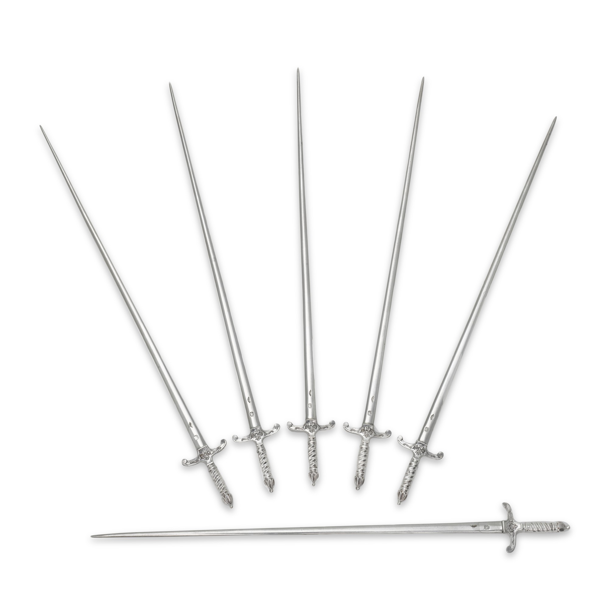 A set of six French novelty silver meat skewers, Prudent Quitte, Paris