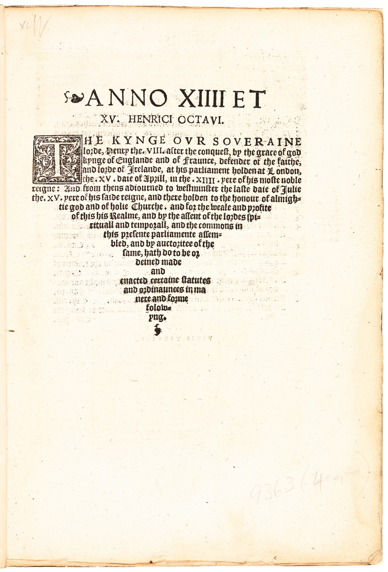 England, Statutes, Henry VIII, Anno XIV & XV, London, 1551, modern