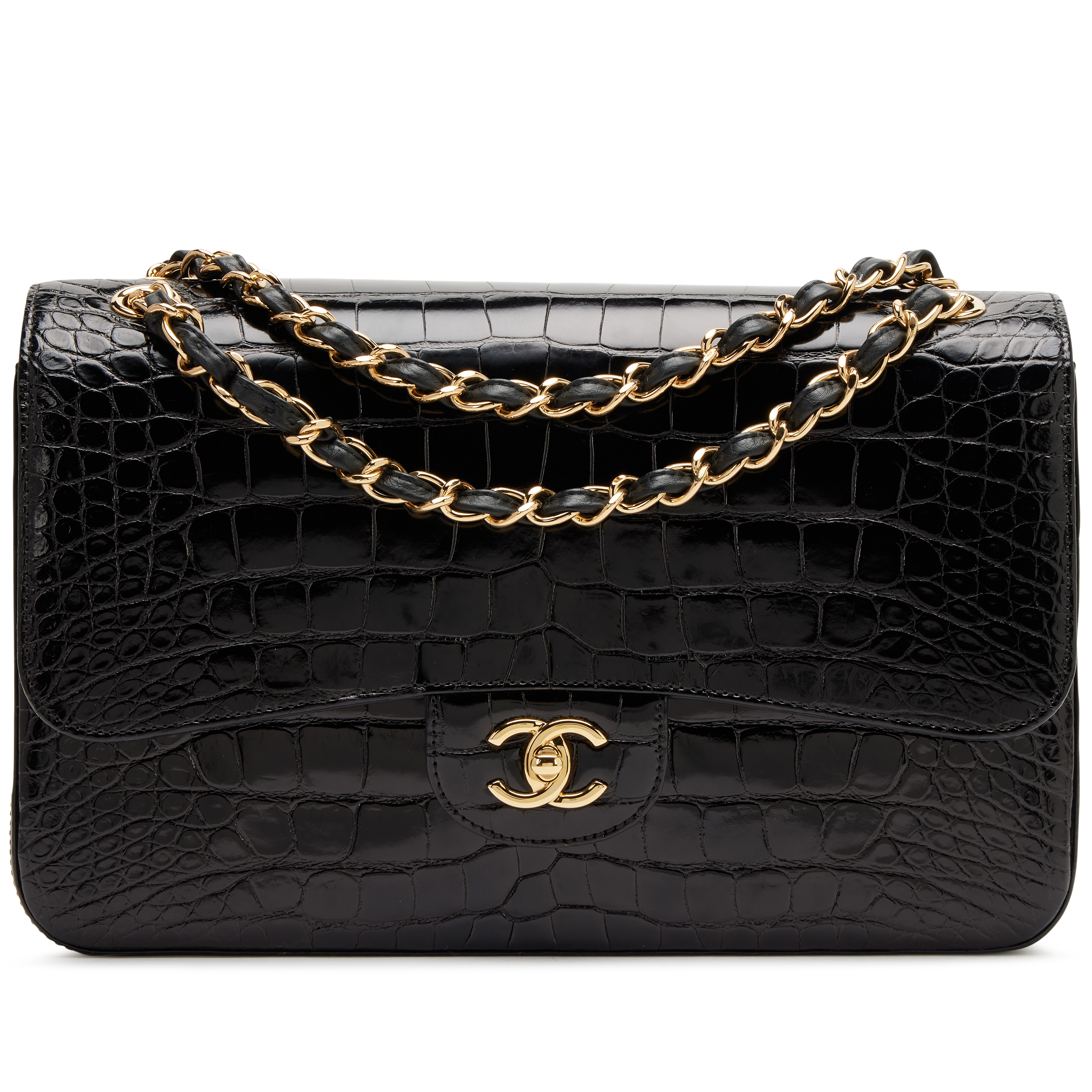 Chanel Black Alligator Jumbo Classic Double Flap Bag Gold Hardware