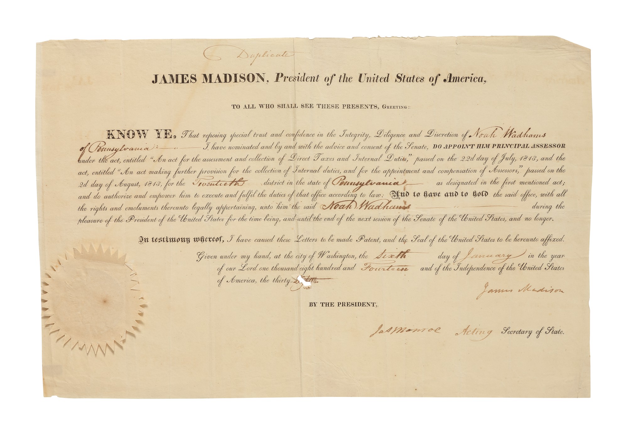 JAMES MADISON An appointment for a tax assessor in Pennsylvania