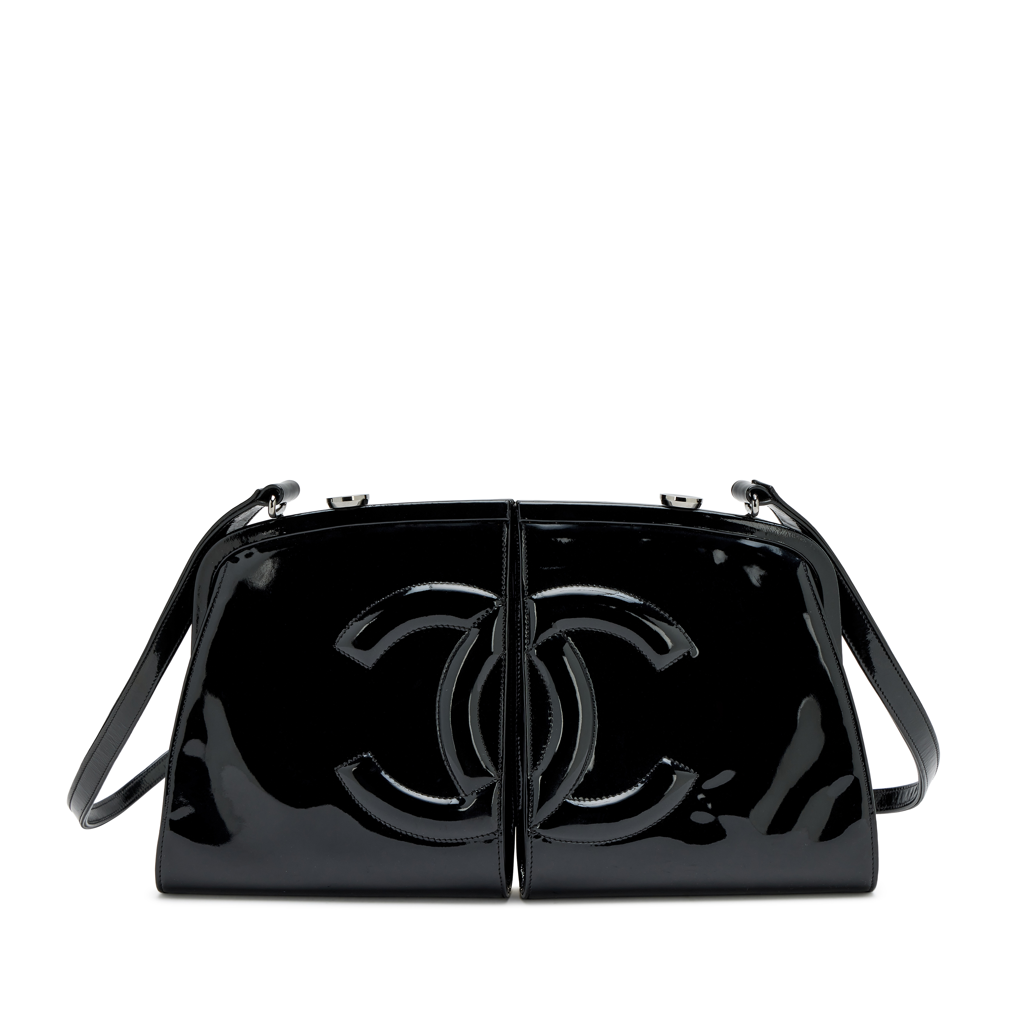 Chanel Black Patent Double CC Split Frame Bag Ruthenium Hardware
