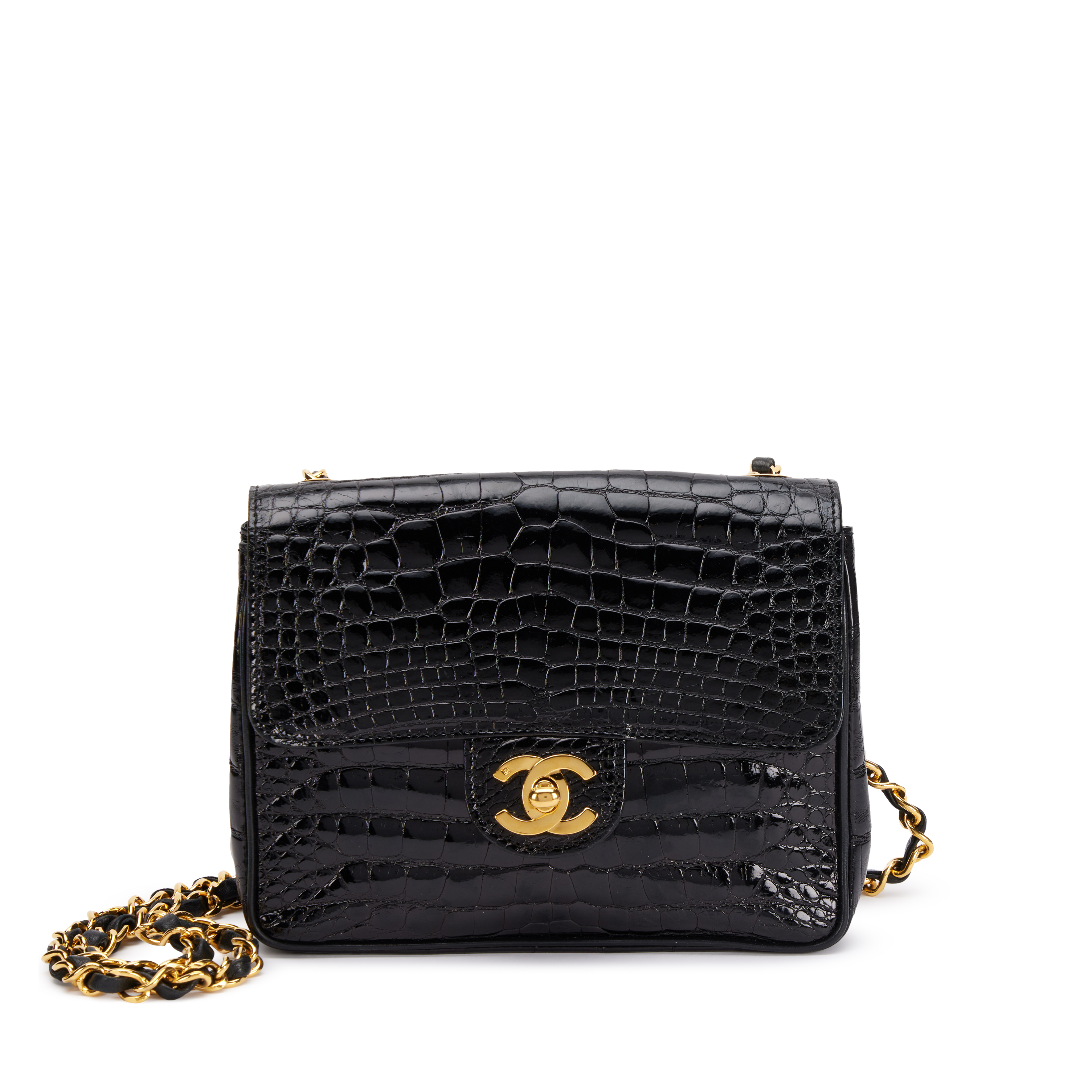 Chanel Vintage Black Alligator Mini Square Classic Flap Bag Gold