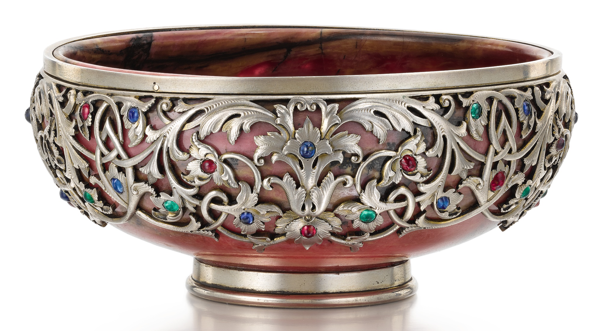 A FABERGÉ JEWELLED SILVER-MOUNTED RHODONITE BOWL, WORKMASTER JULIUS ...