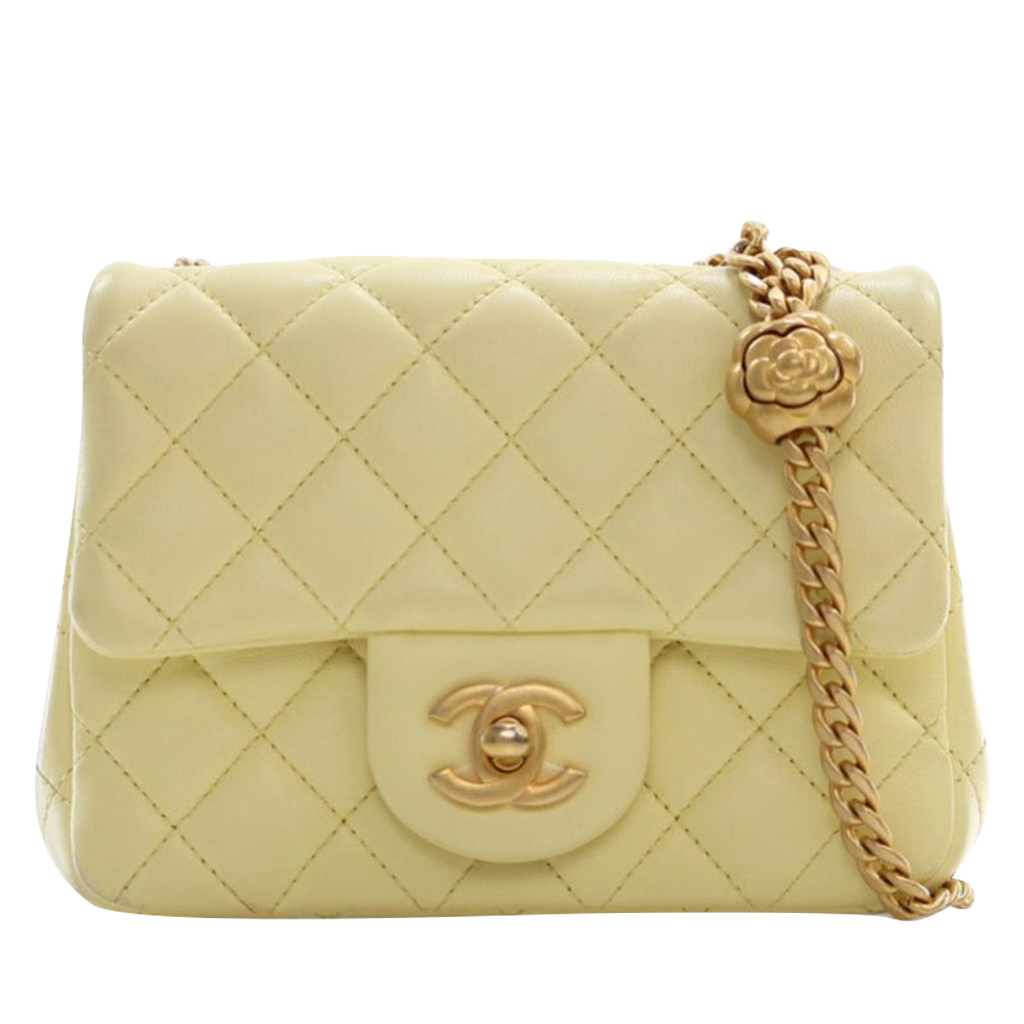 Chanel Yellow Quilted Lambskin Camellia Crush Square Classic Mini