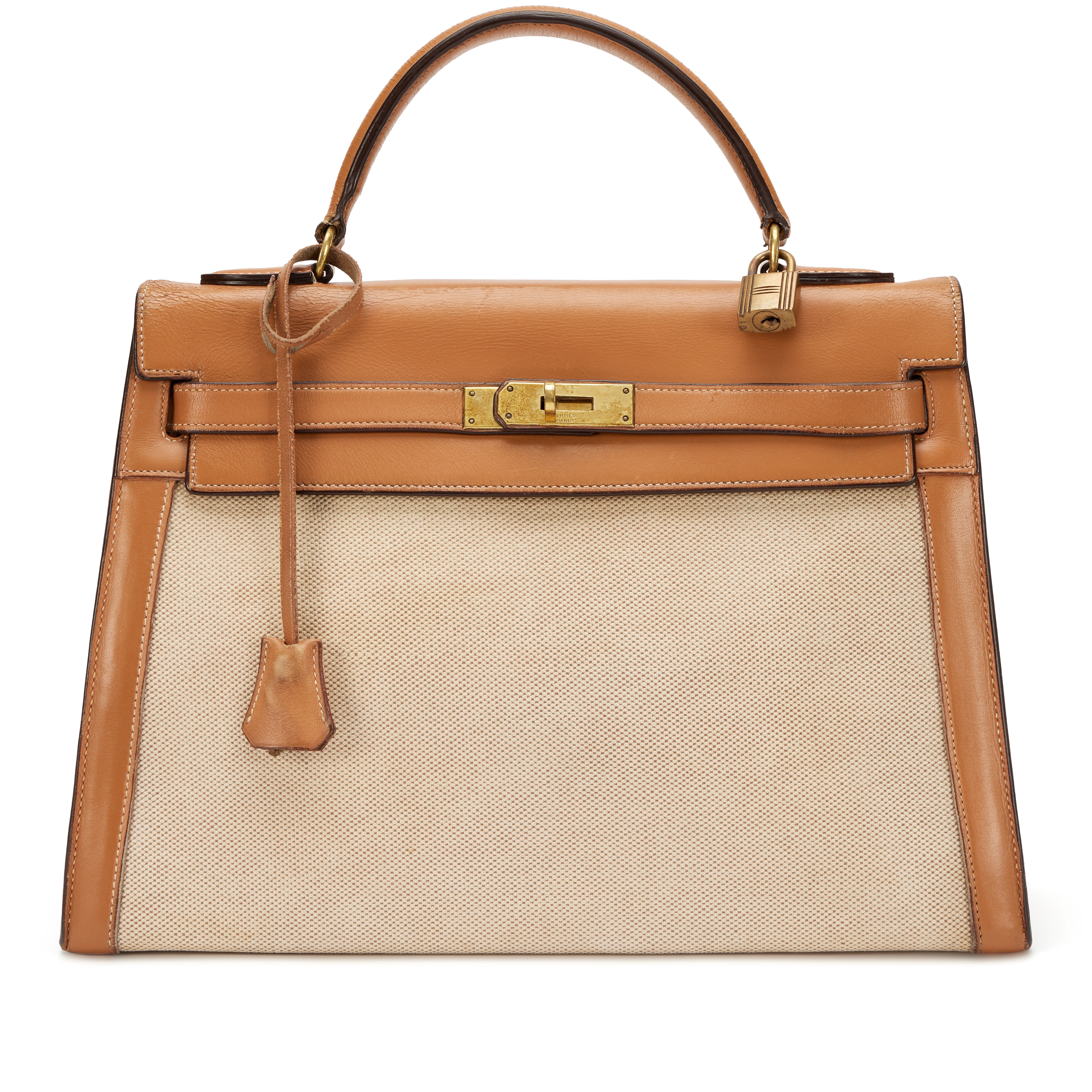 Hermès Vintage Natural Courchevel And Toile Kelly 32 Gold Hardware