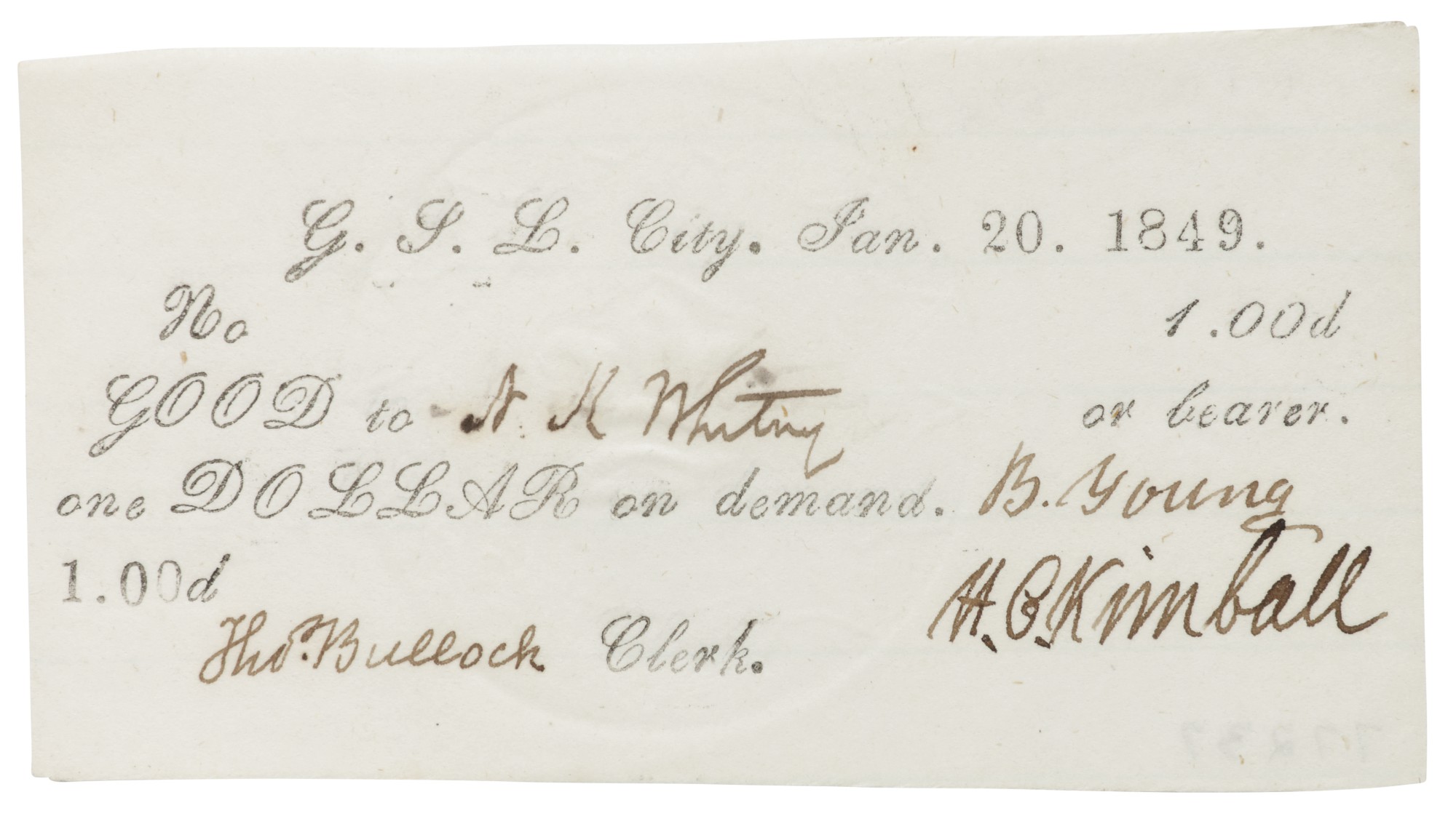 MORMON CURRENCY A OneDollar "Valley Note" issued by The Church of