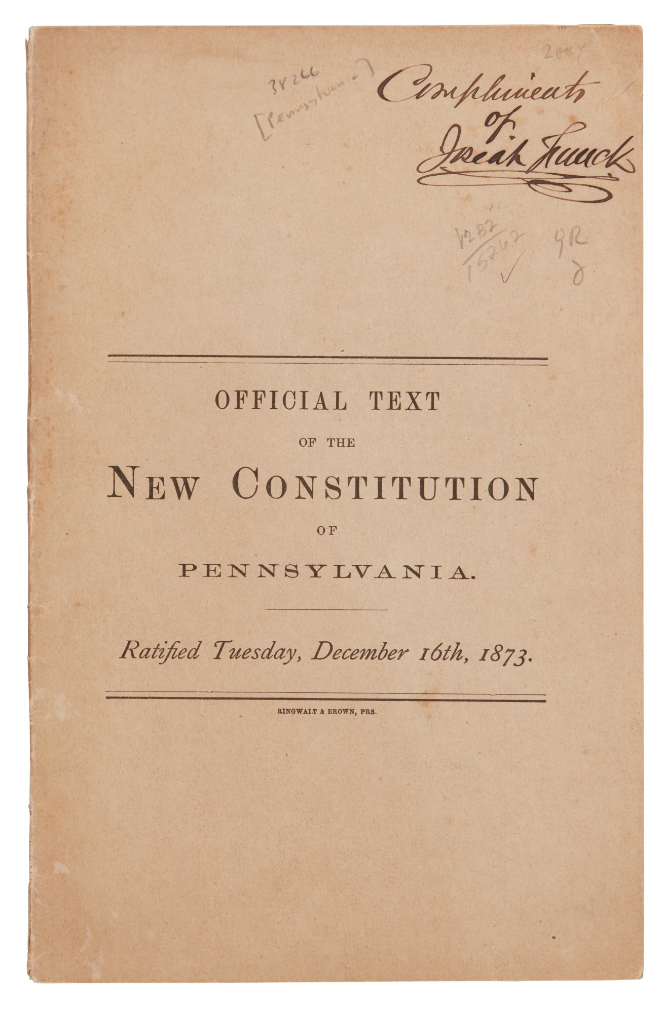 Pennsylvania | The text of the 1873 constitution, inscribed by a member ...