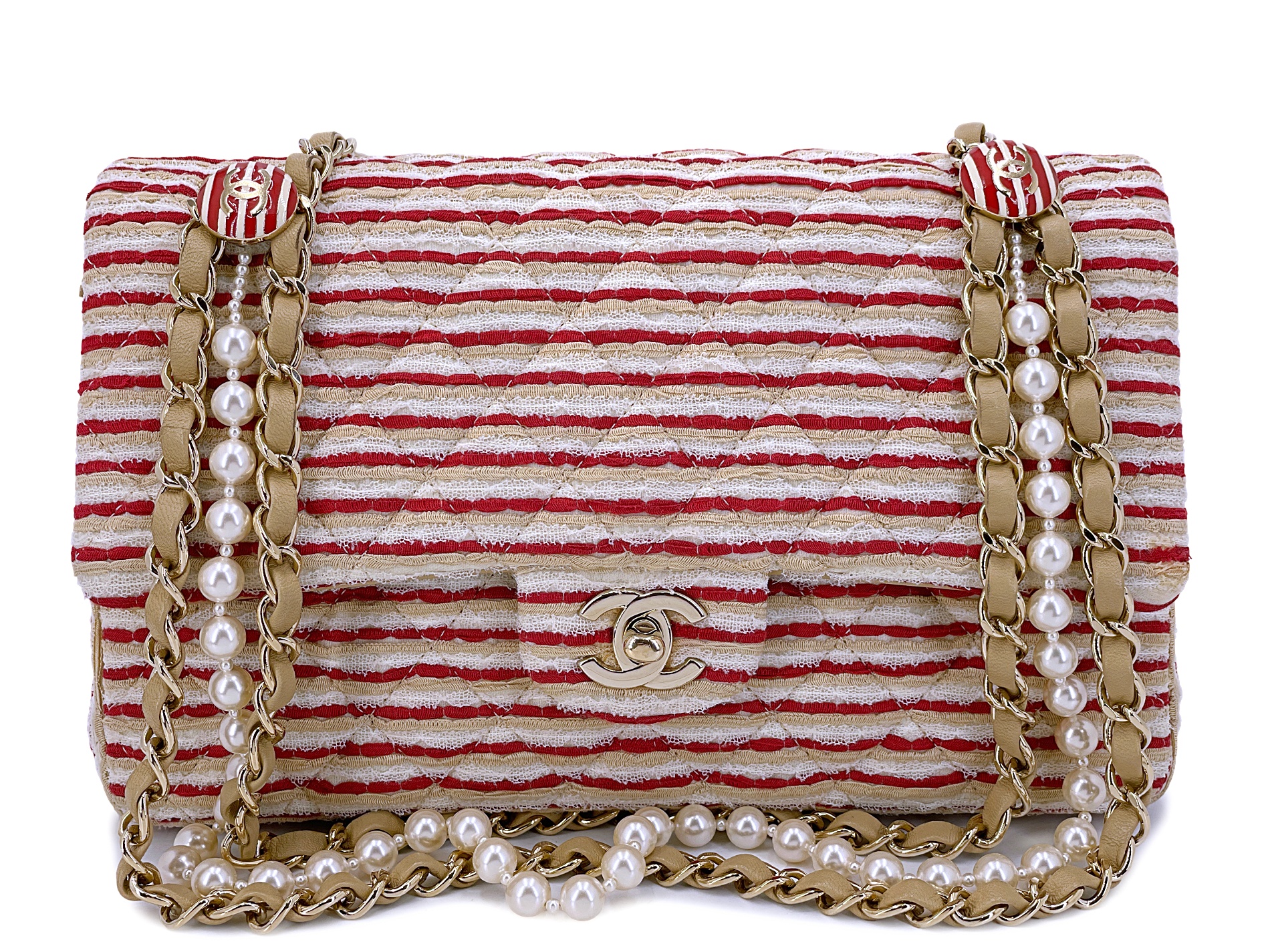 Chanel Red And White Canvas Striped Coco Sailor Pearl Medium