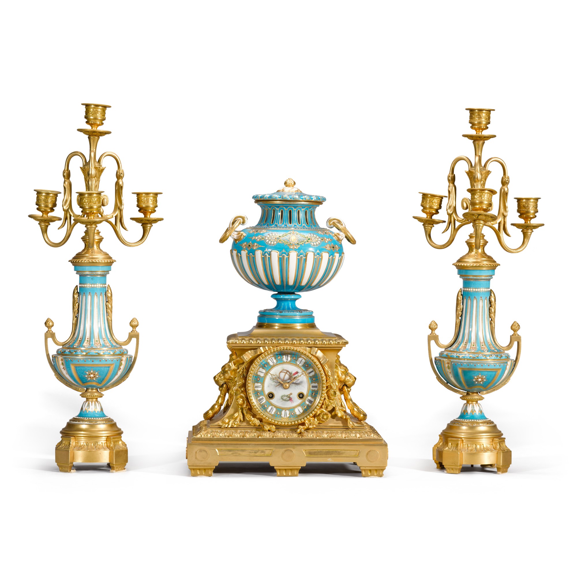 A giltbronze and Sevresstyle porcelain matched mantel clock garniture