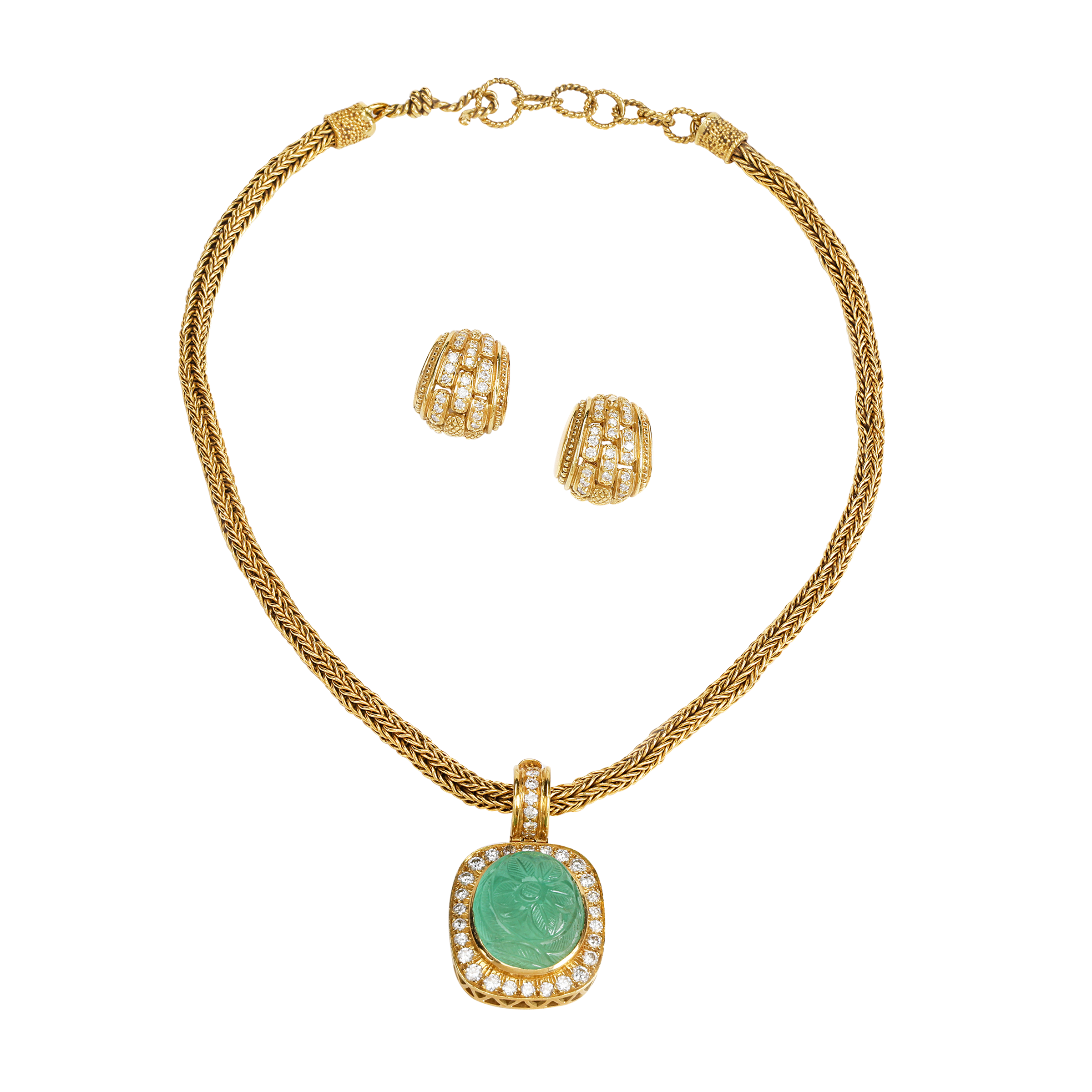 Vintage Gold, Emerald And Diamond Necklace And Earring Set Available