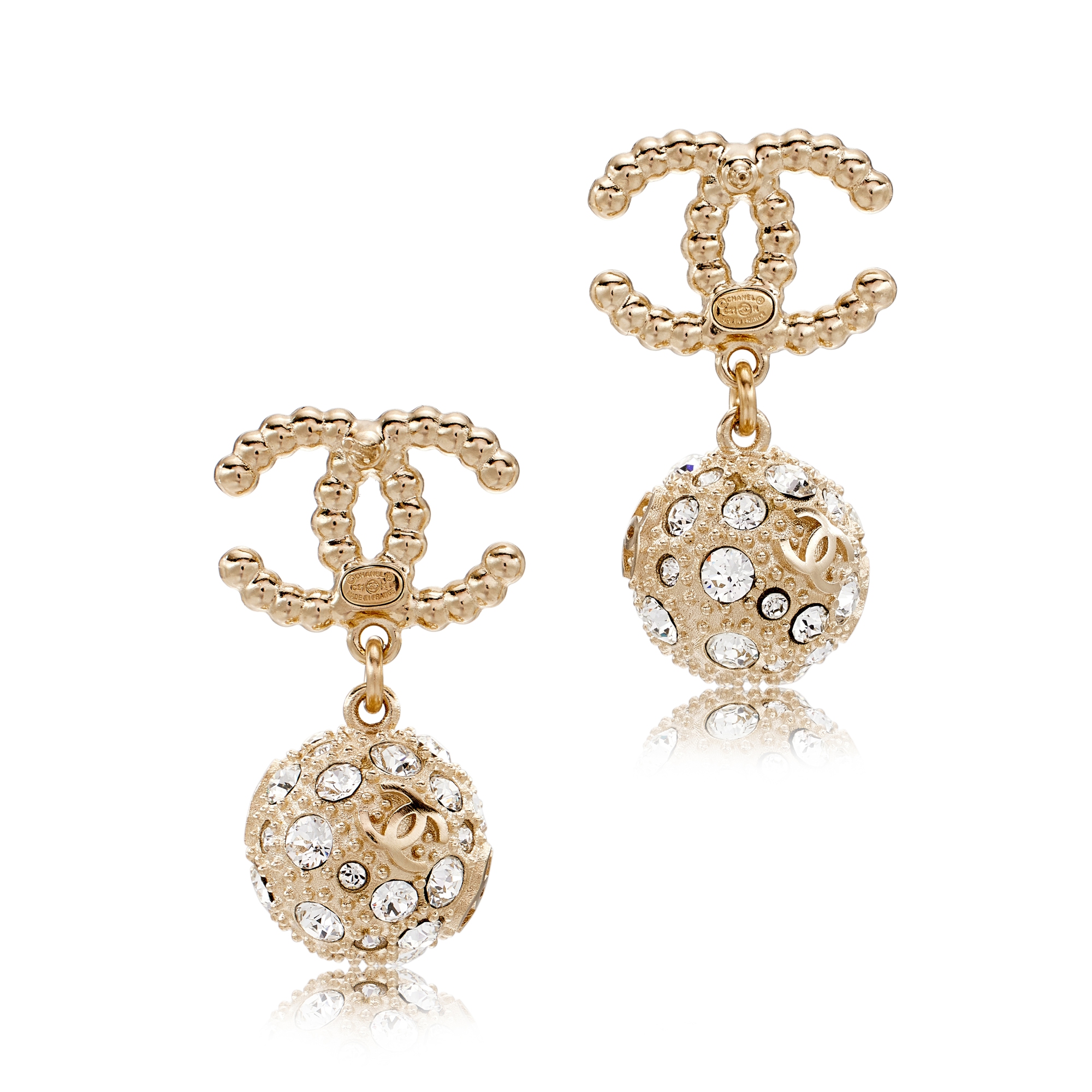 Chanel Gold Metal, Crystal And Pearl Disco Ball CC Drop