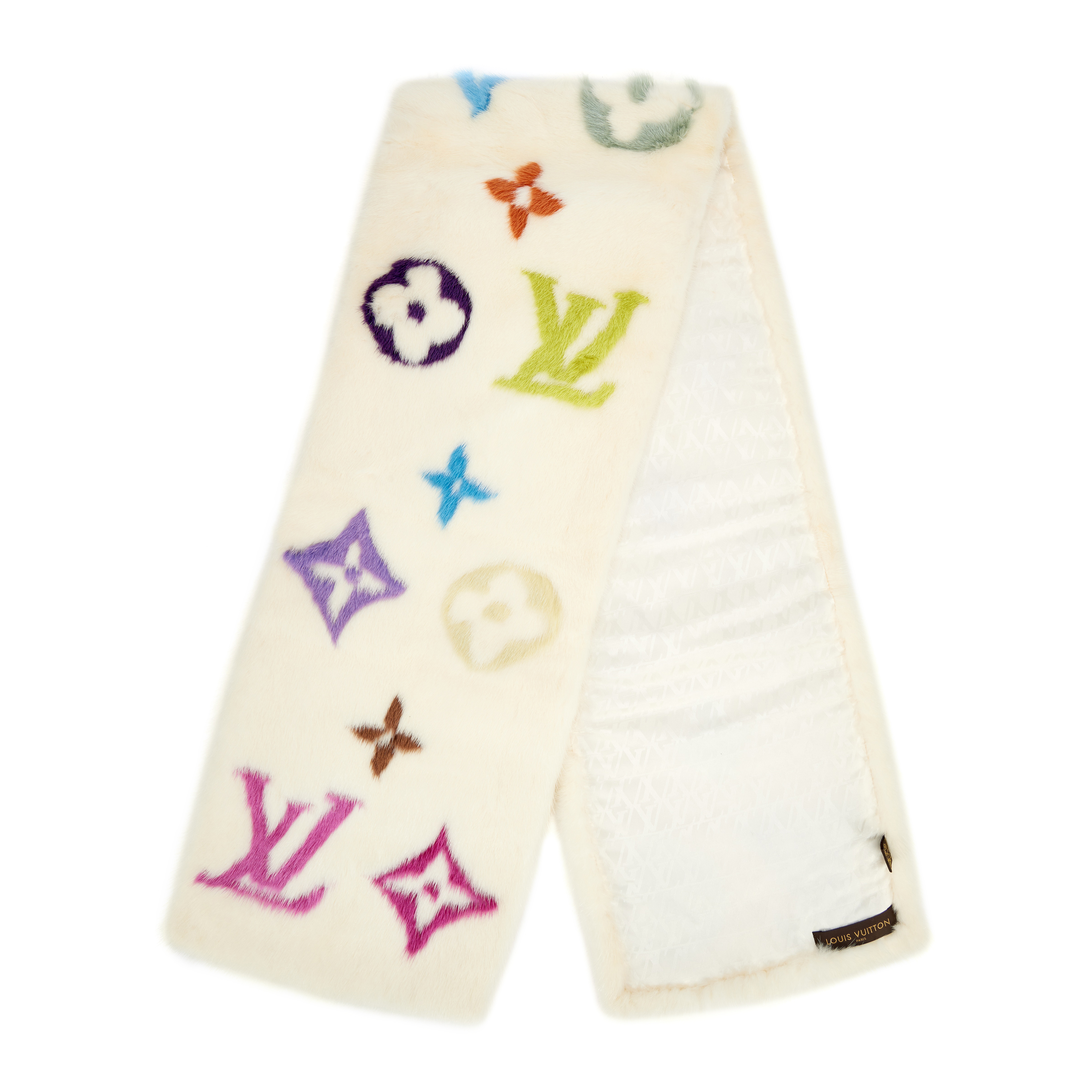 Louis Vuitton White Multicolor Monogram Mink Stole Long Scarf
