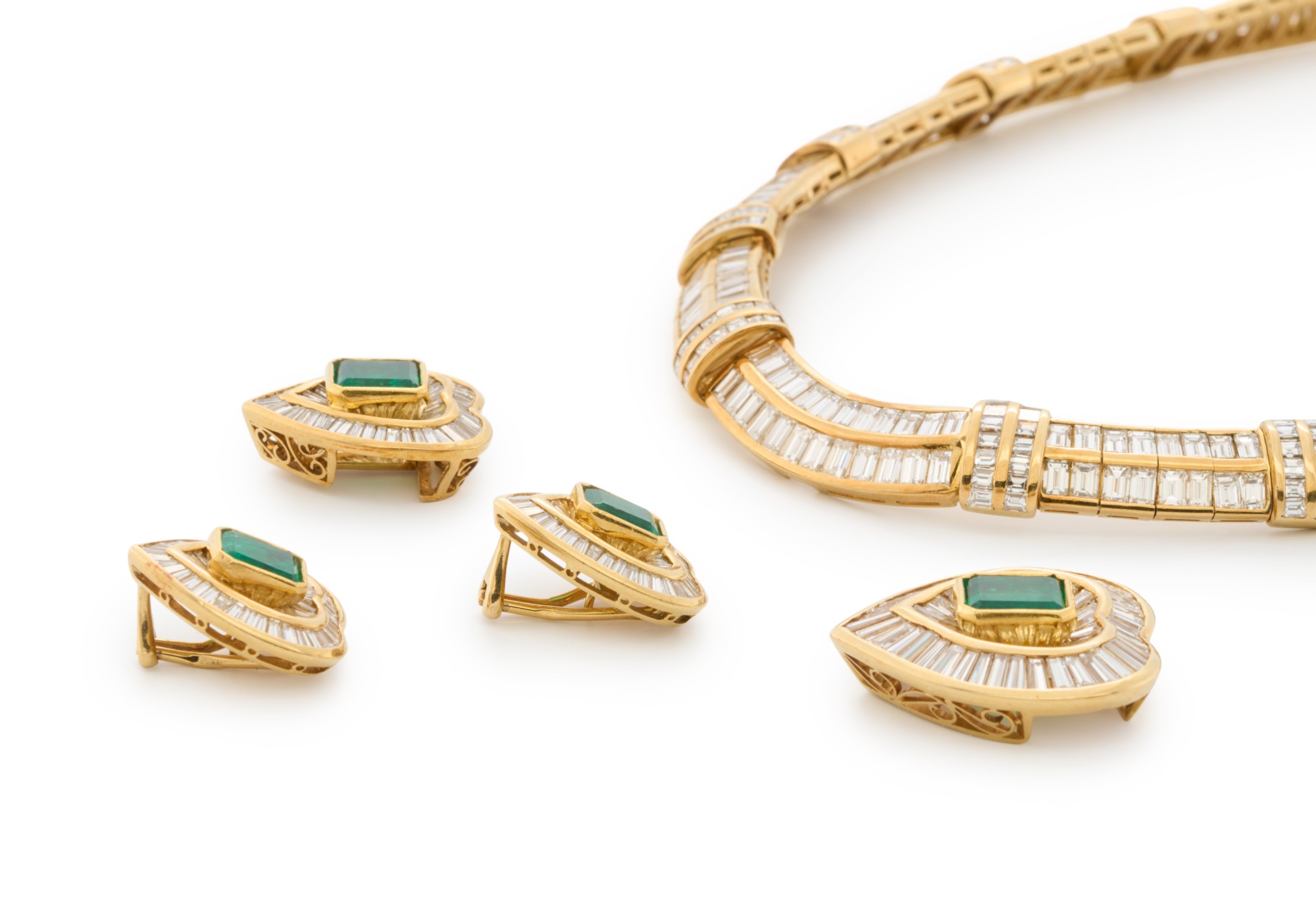 Set of a diamond necklace with two detachable emerald and diamond