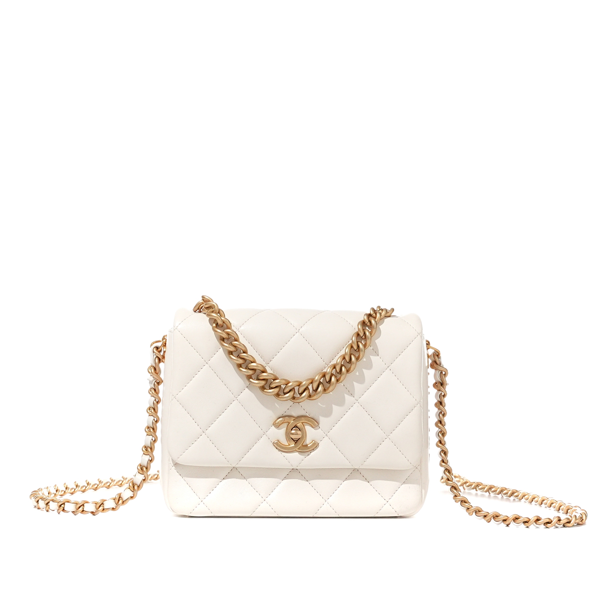 Chanel White Quilted Lambskin Flap Bag Aged Gold Hardware, 2021