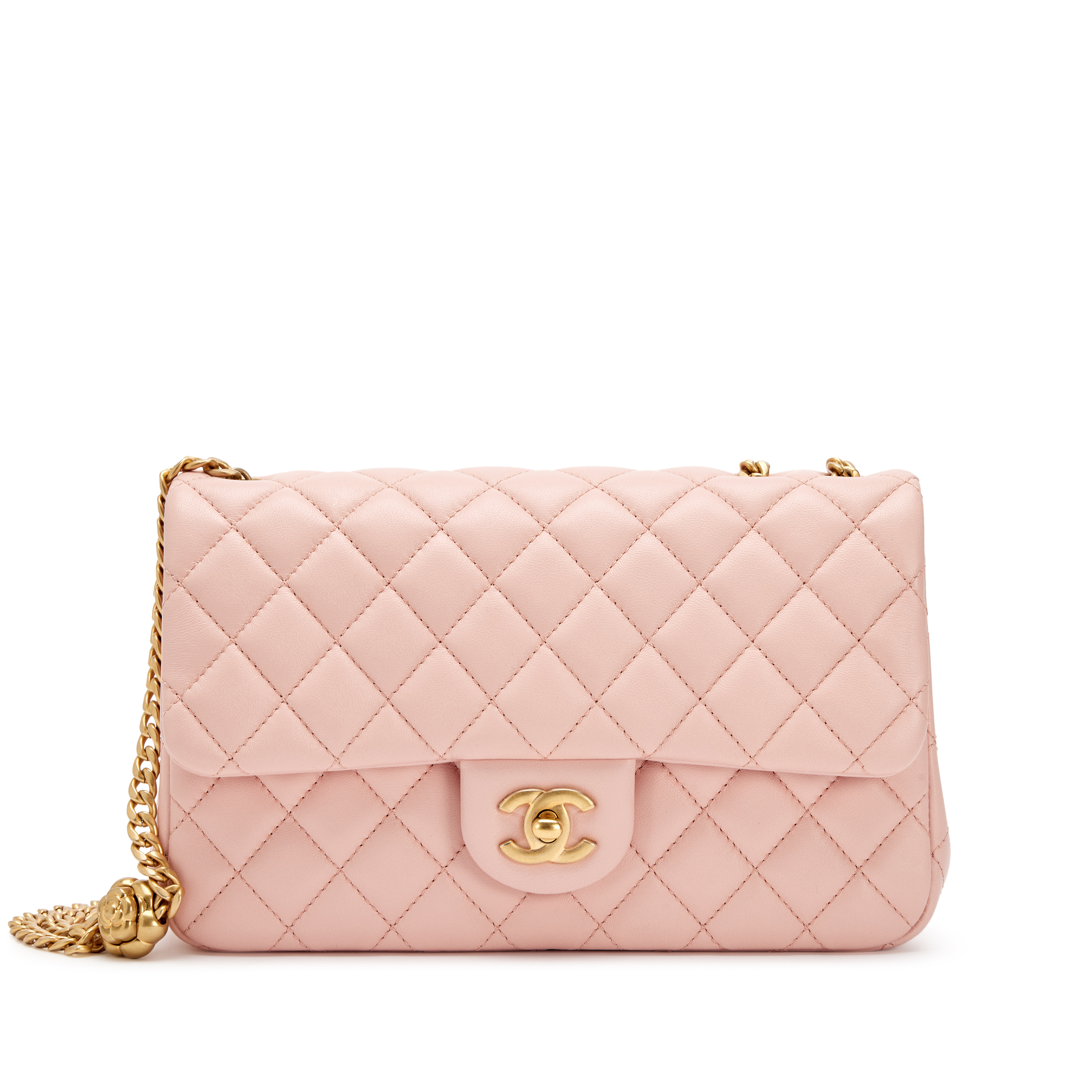 【CHANEL】カメリアが可憐に咲く 上品ピンクのエナメルバッグ シャネル カメリア チェーンウォレット ピンク A82336 グレ