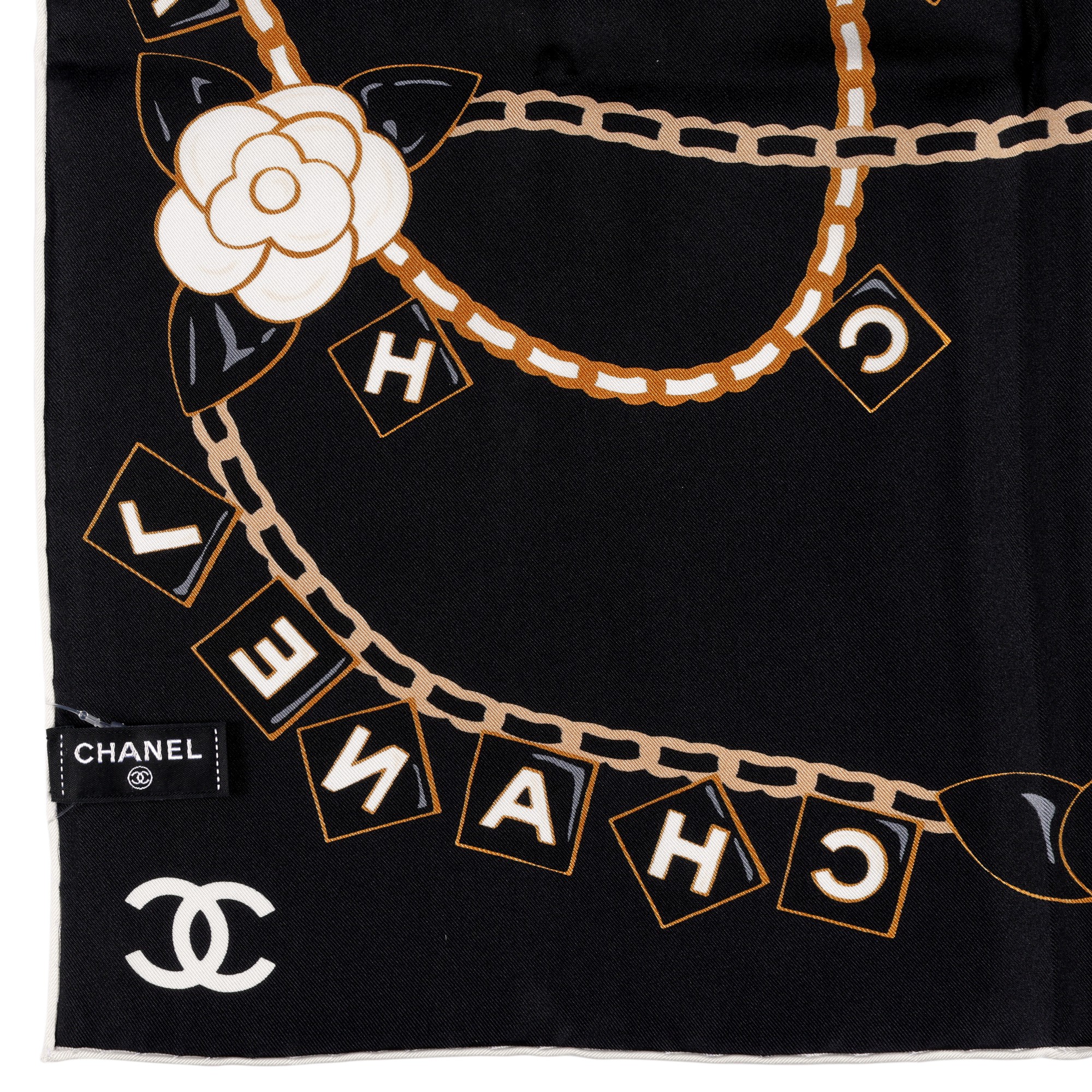 Chanel Black And Gold Silk CC Charms Scarf, 2022 Available