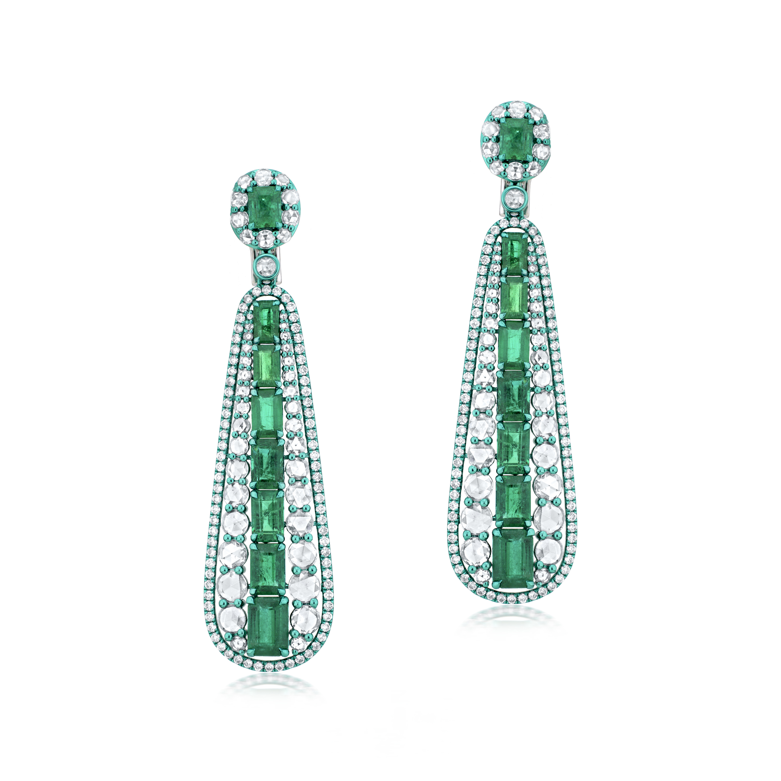 White Gold, Green Rhodium, Emerald And Diamond Earrings Available