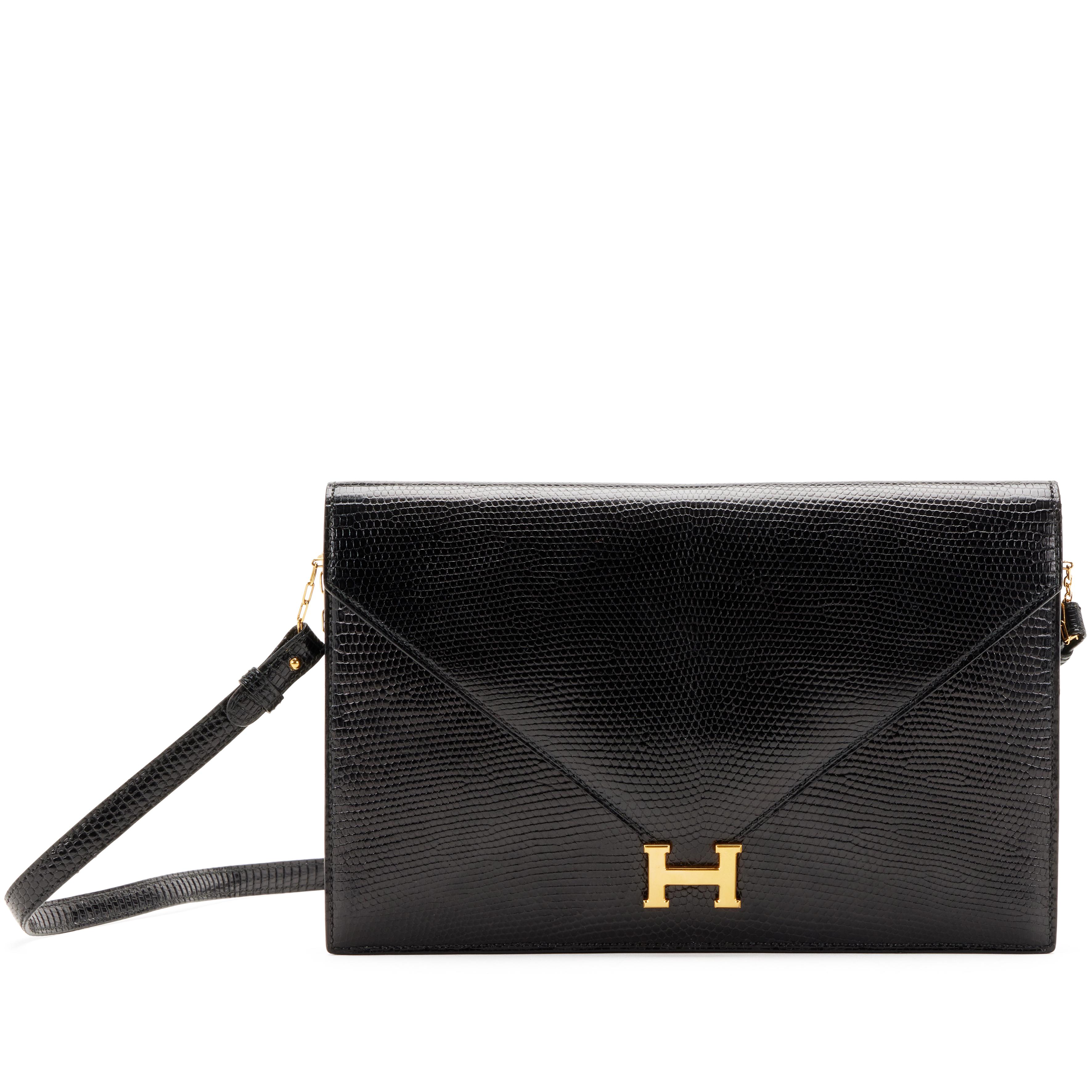 Hermès Vintage Black Shiny Lizard Lydie Gold Hardware, 1988