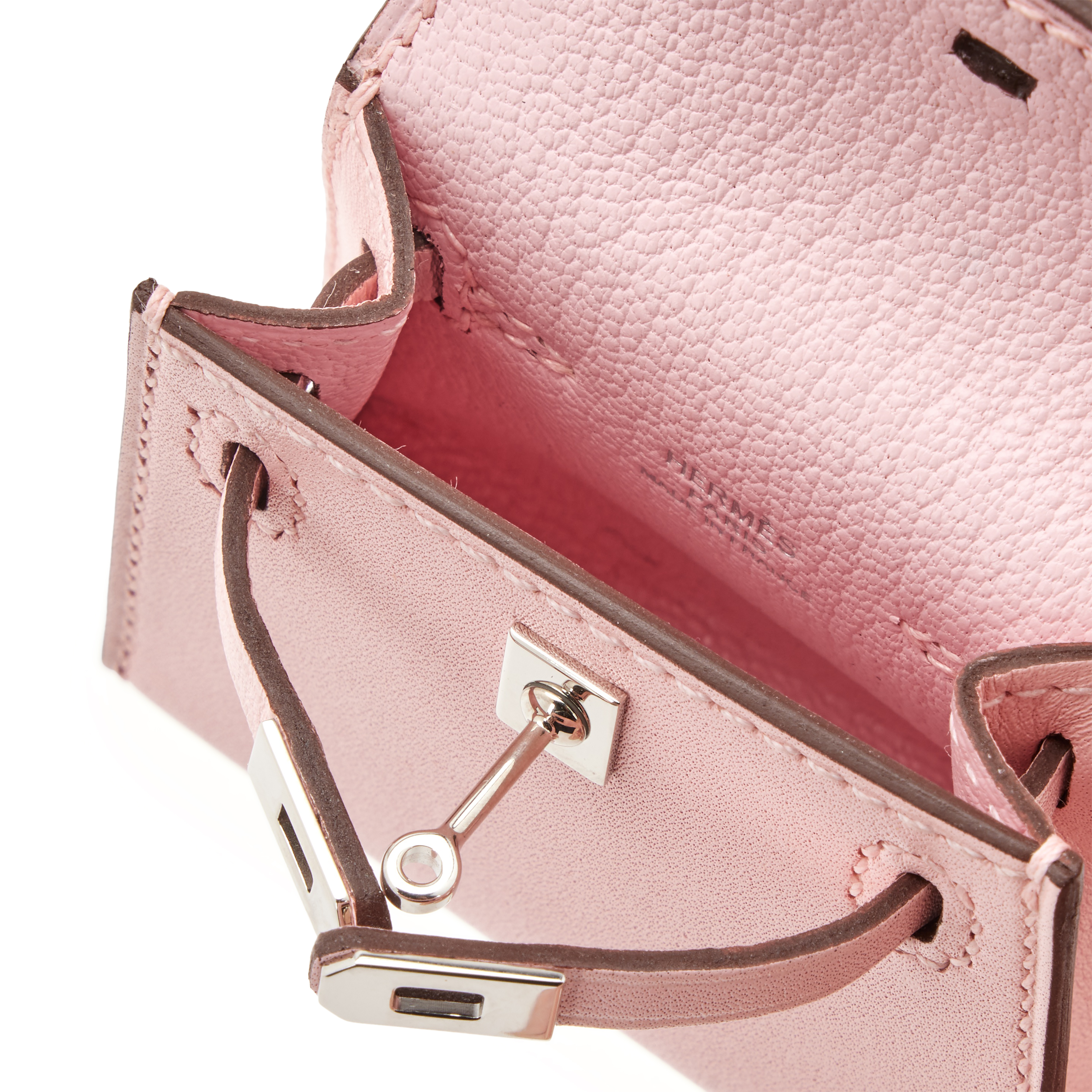 Hermès Rose Sakura Tadelakt Mini Kelly Twilly Bag Charm Palladium
