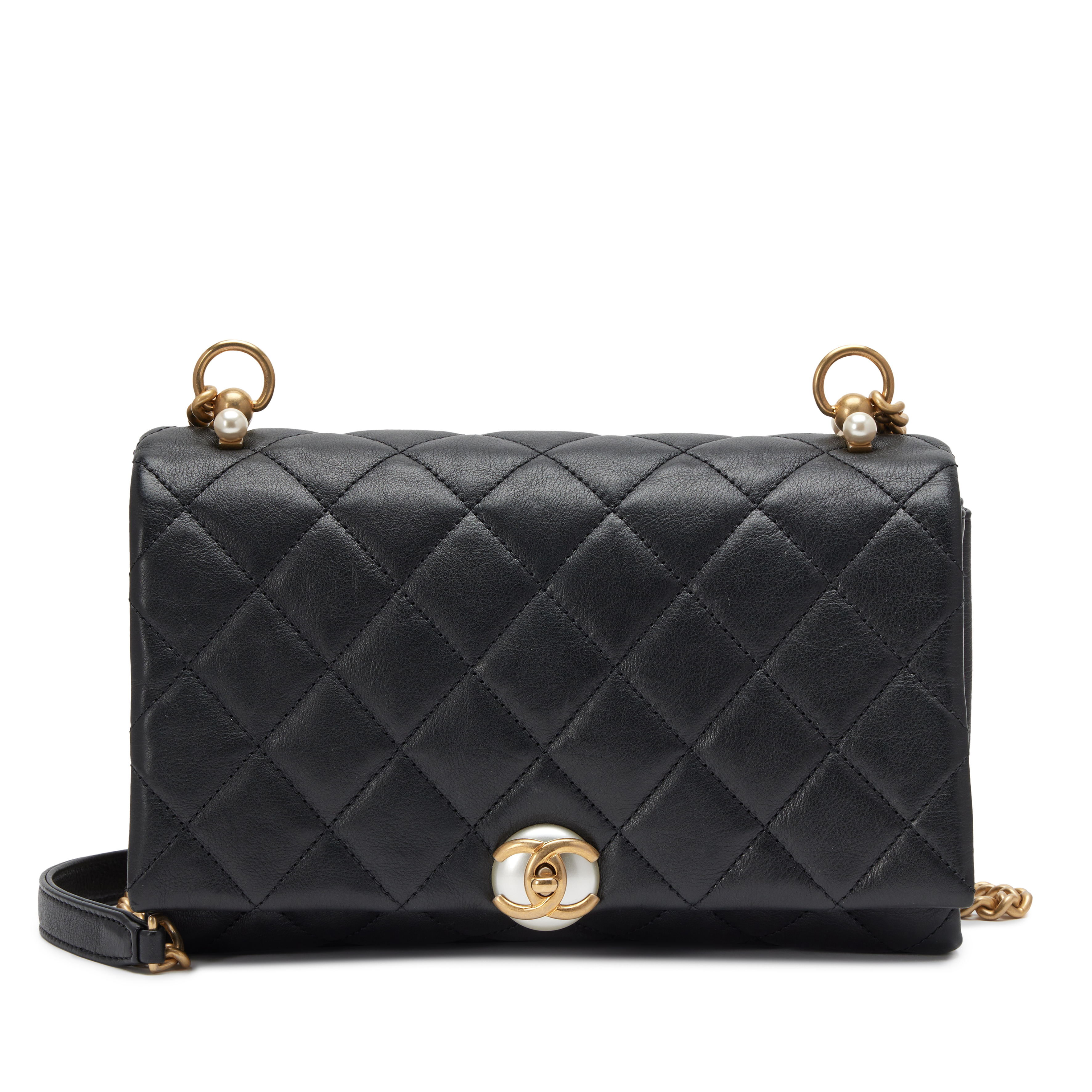 Chanel Black Quilted Calfskin Pearl Accordion Small Flap Bag Gold