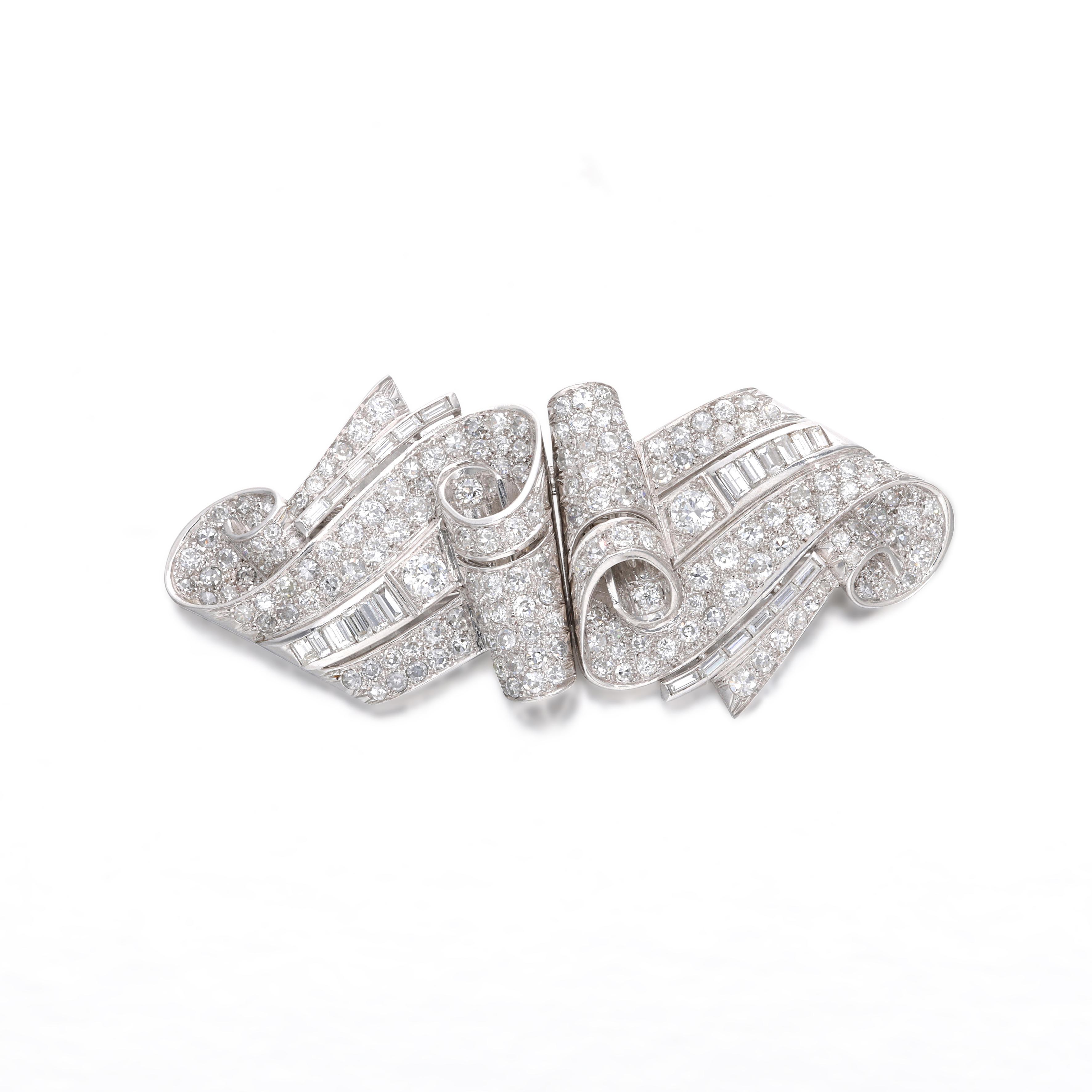 Vintage Art Deco Platinum, White Gold And Diamond Double Clip 