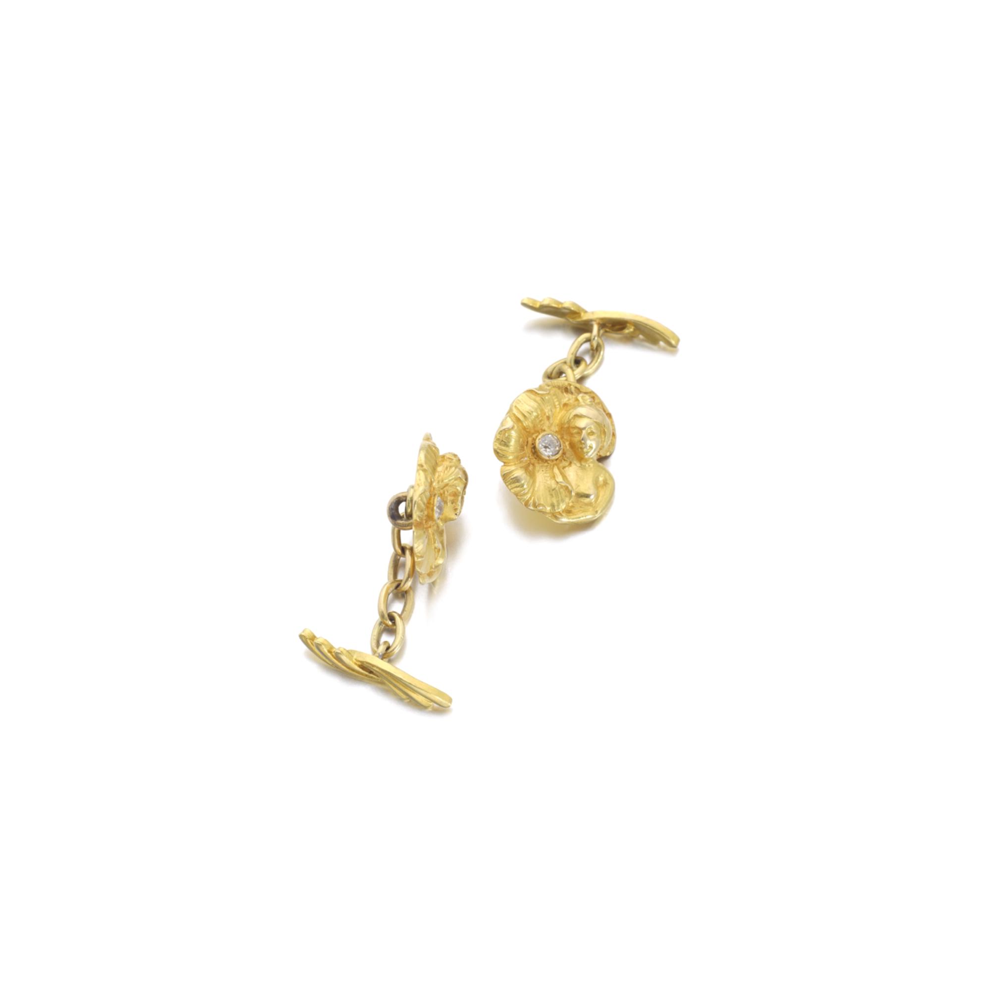 Boutons De Manchette Antiques En Or 14k Deux Tons Et Diamants - Circa Années 1900